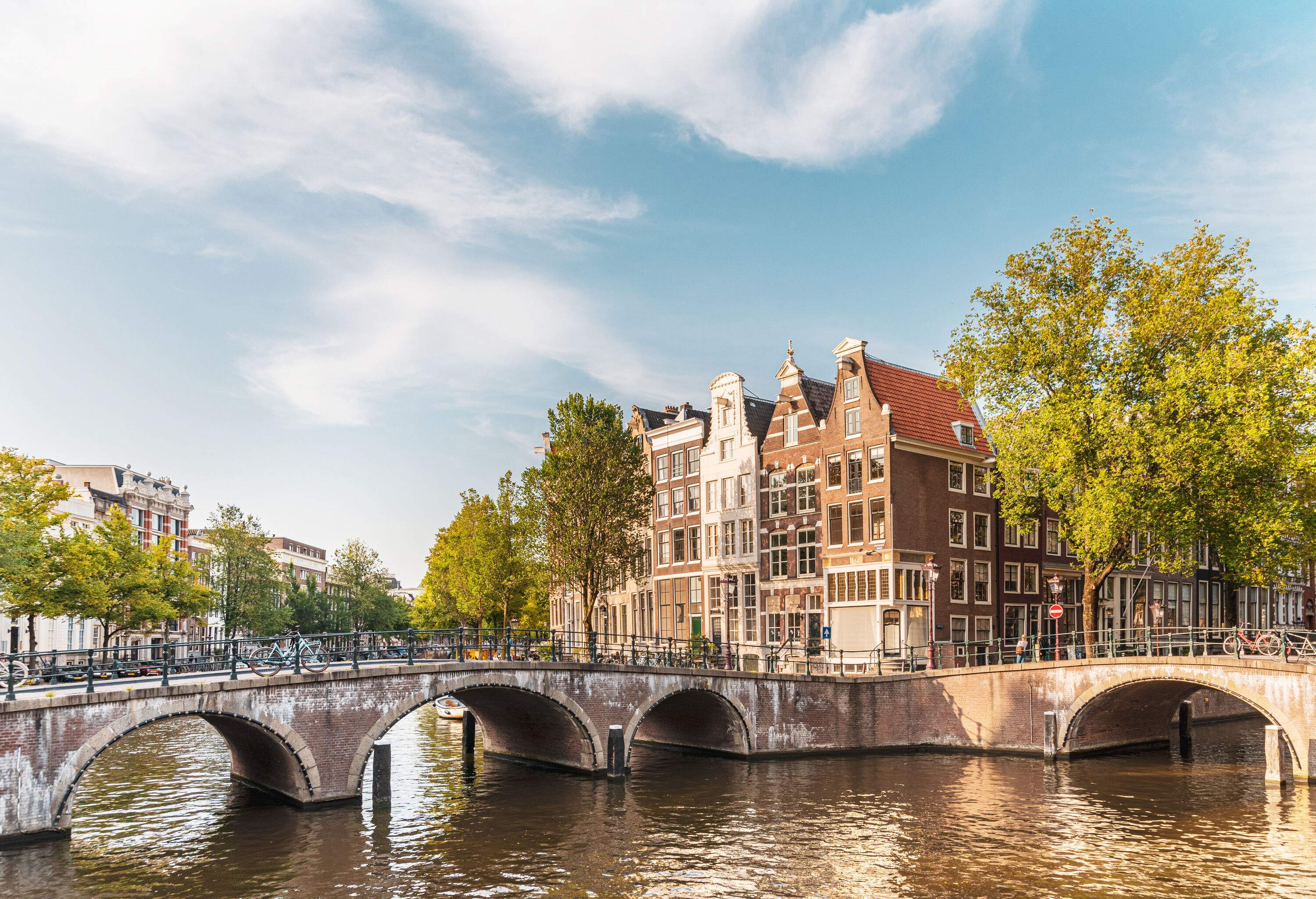 An intersecting arch bridges over a canal lined with trees and Dutch buildings.