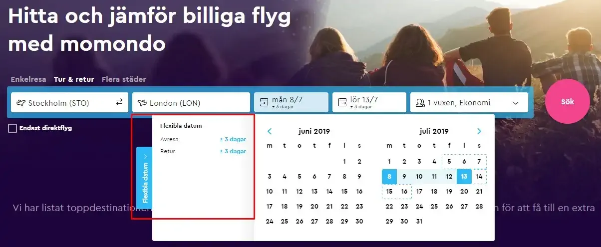 Välj flexibla resdatum på momondo