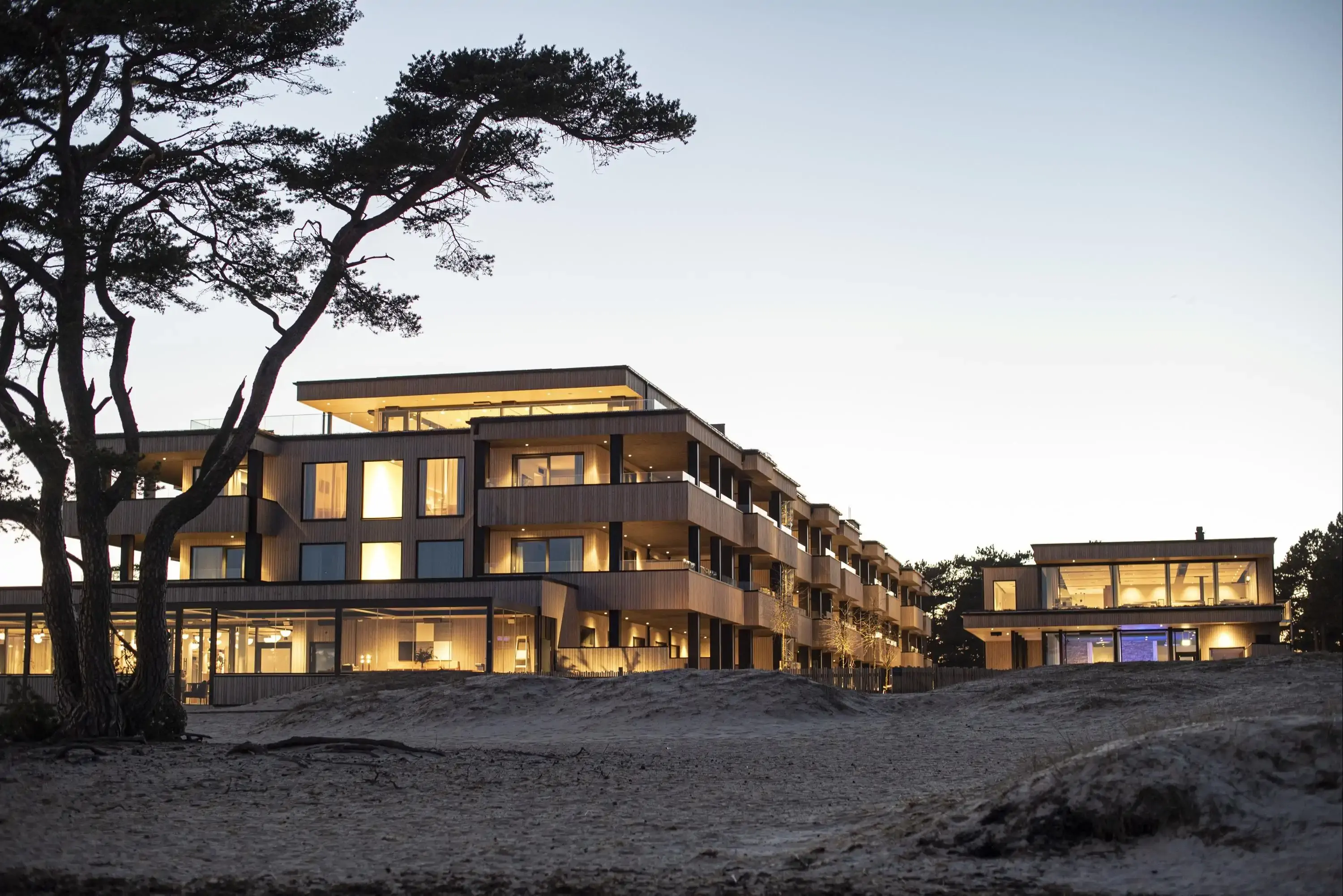 an outside view of a modern hotel building with sand and a big tree in front