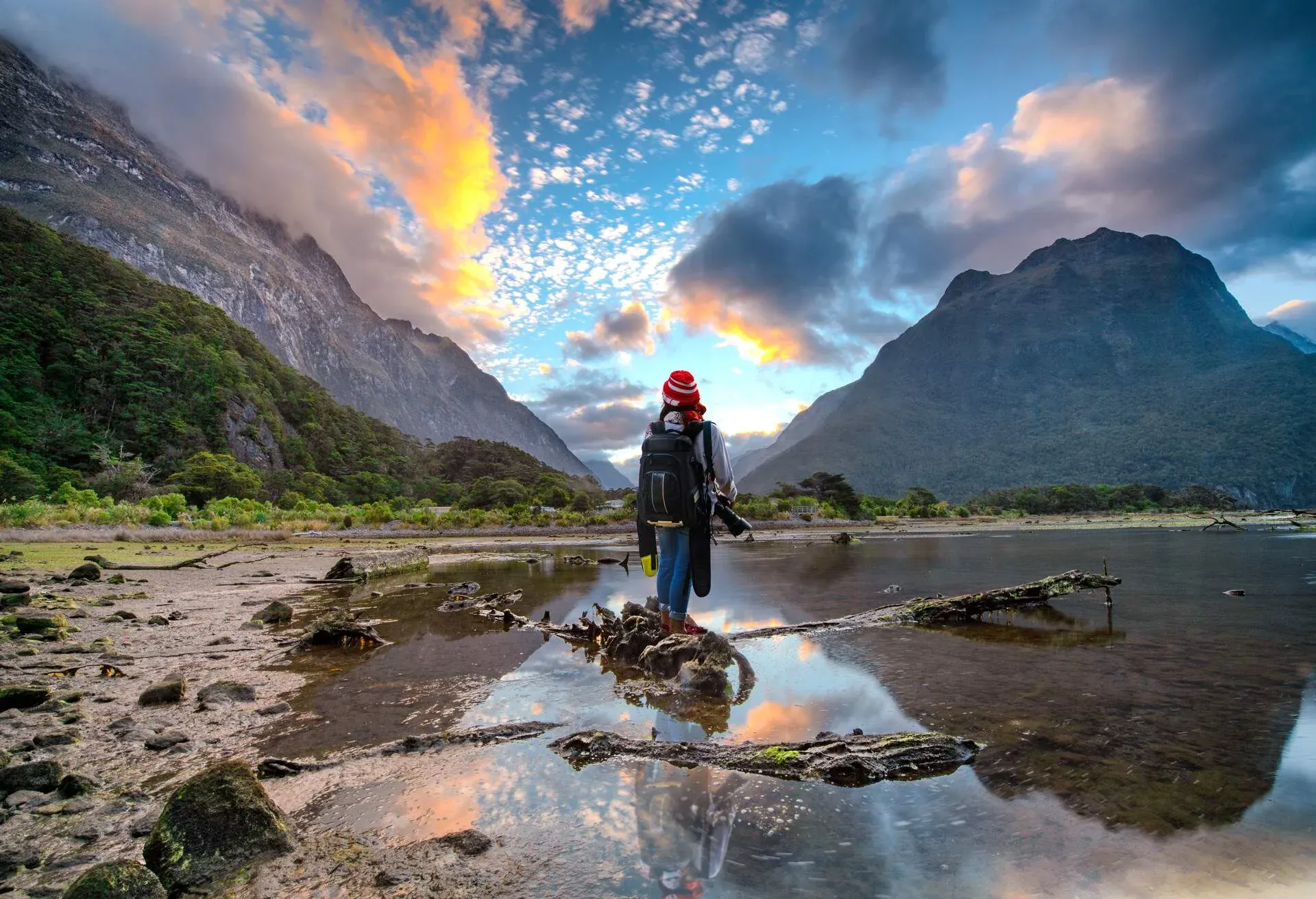 tourist woman enjoy the scenery view of the national park Milford sound South New Zealand