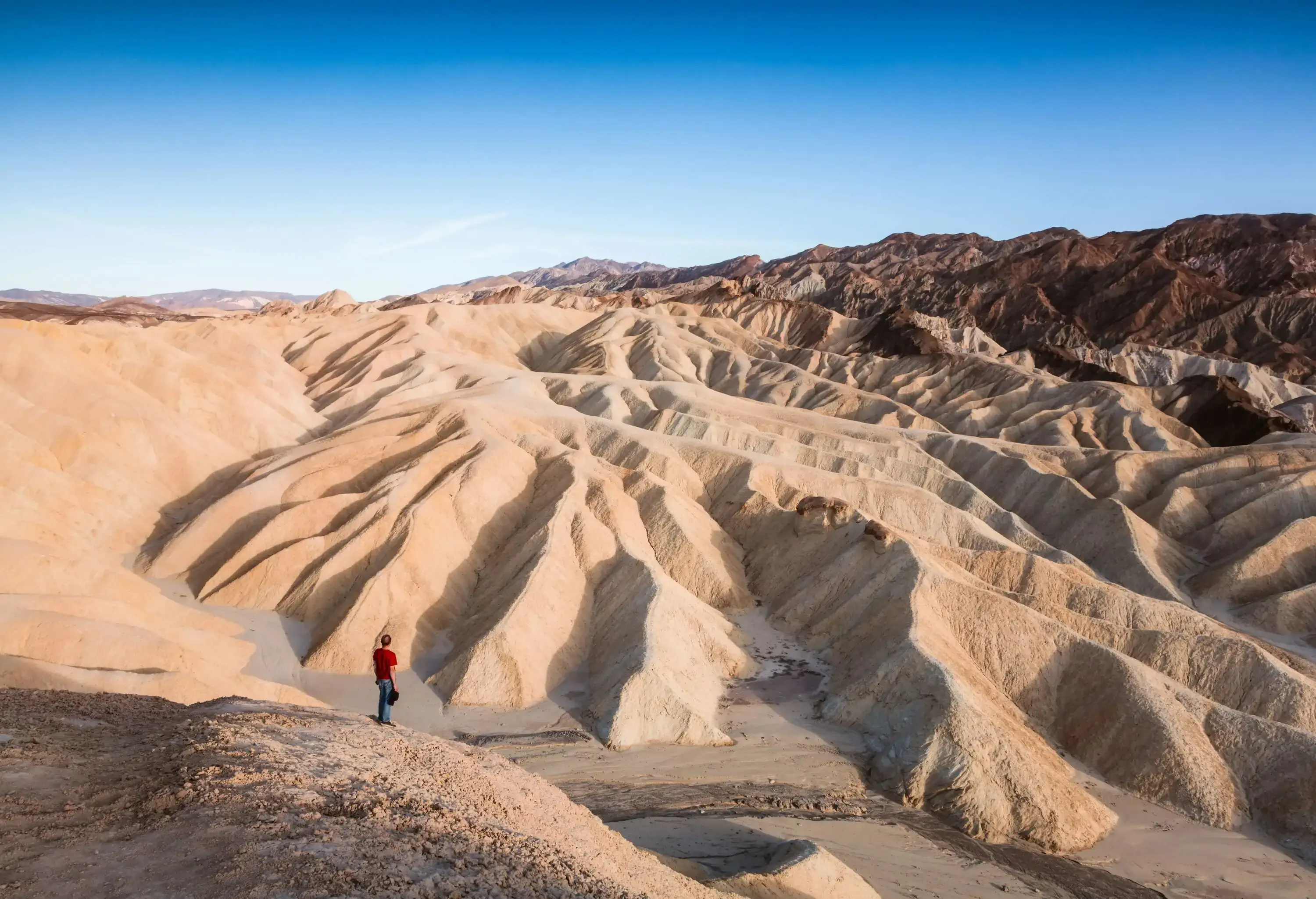A man stands on a hill as he stares at an eroded terrain.