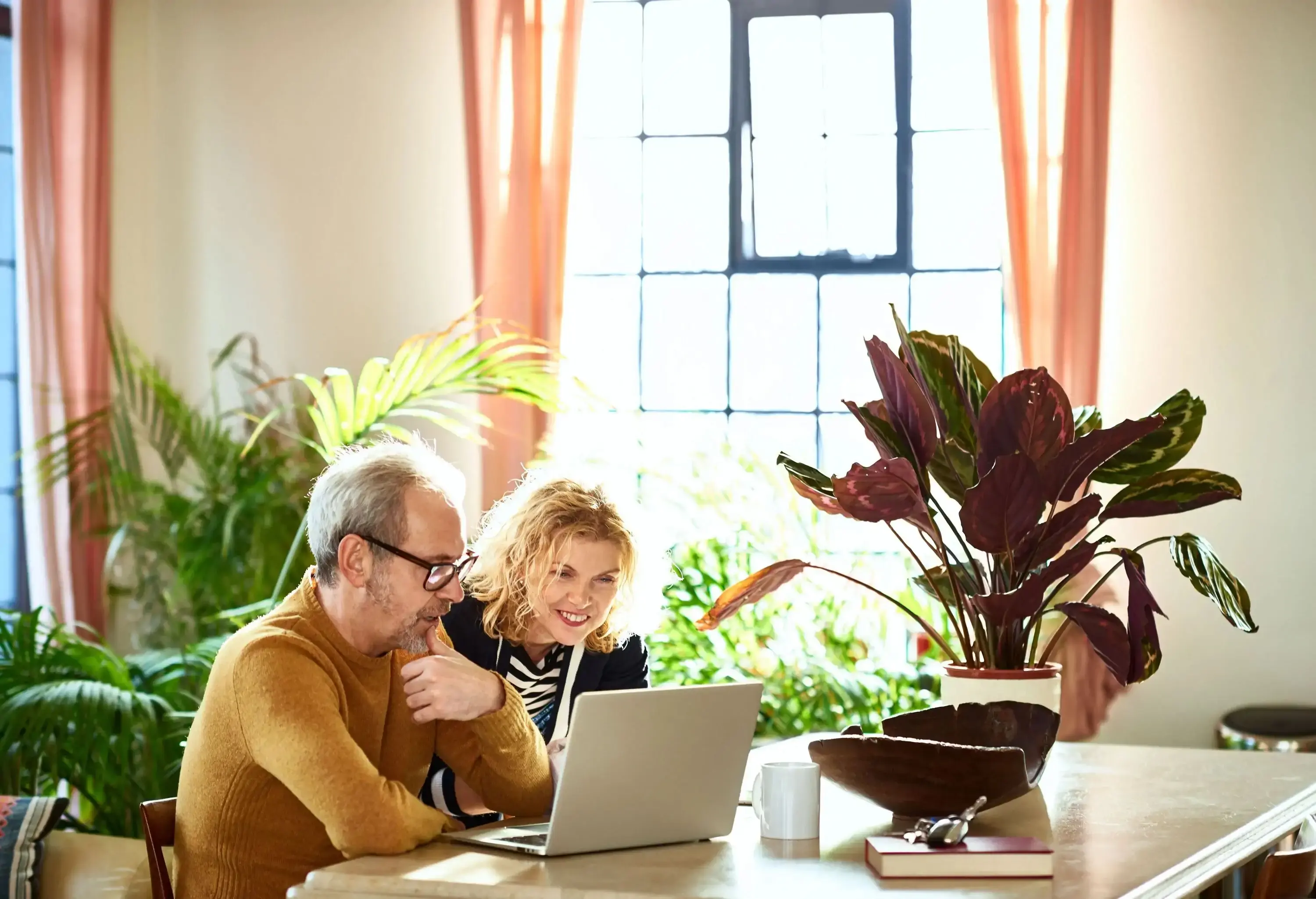A mature couple sits together, engrossed in their computer, surrounded by pots of vibrant plants.