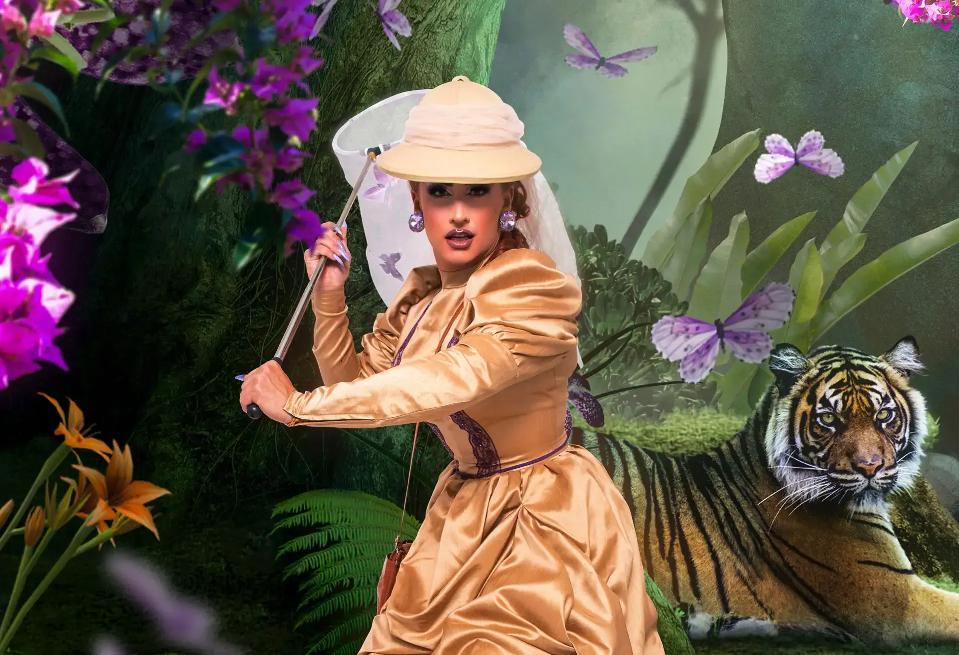 Ella Vaday in drag with a tiger in the background
