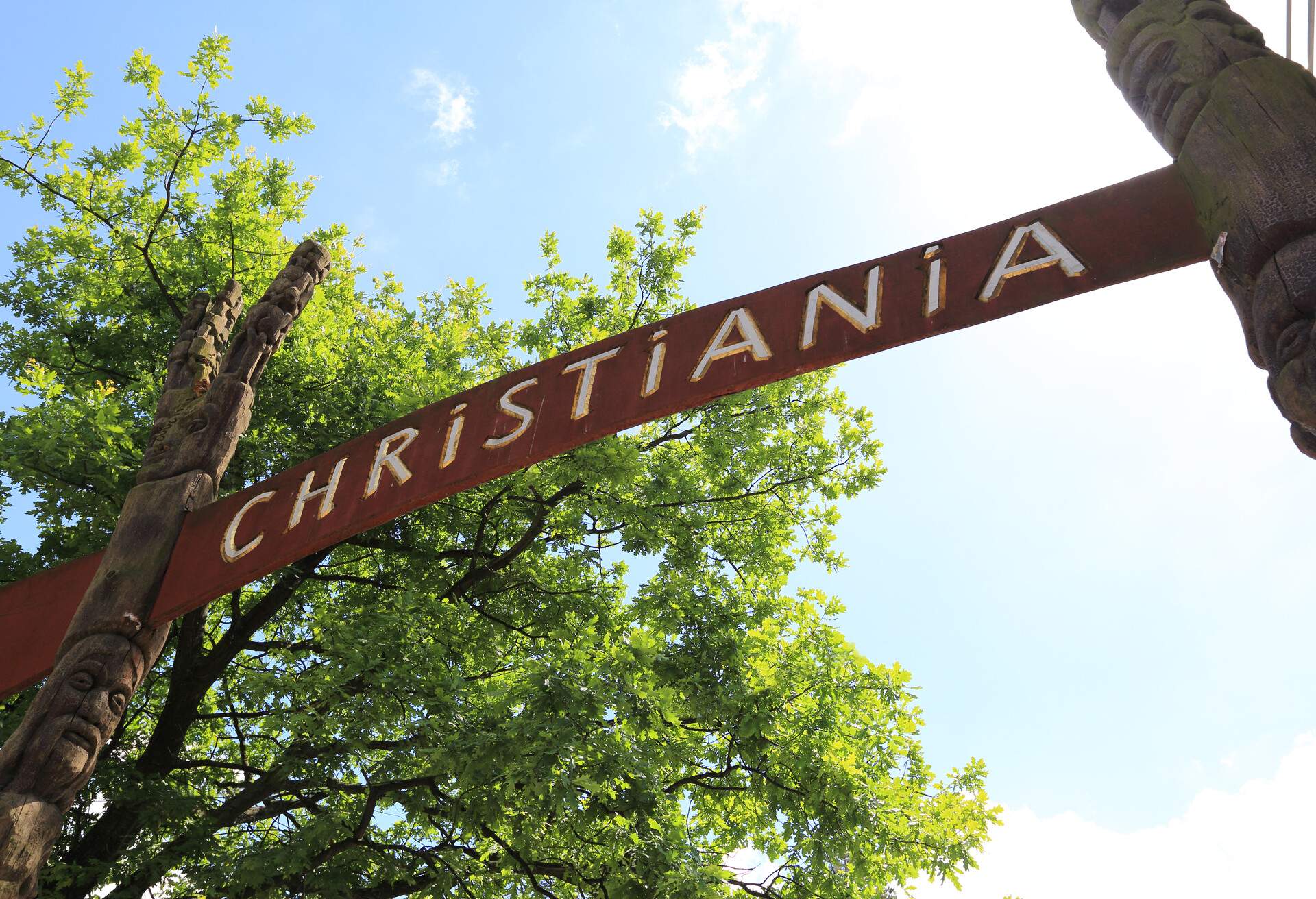 Freetown Christiania welcome sign, Low angle shot, Copenhagen, Denmark