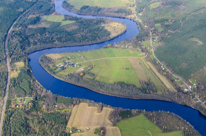 Aerial view of rural scene with river