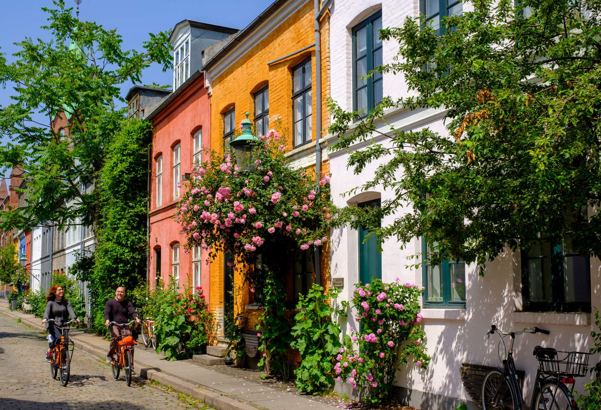 Two people ride bicycles on a street along colourful adjacent buildings covered in lush foliage.