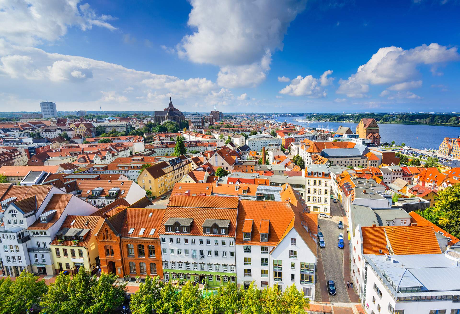 Rostock, Germany old city skyline.