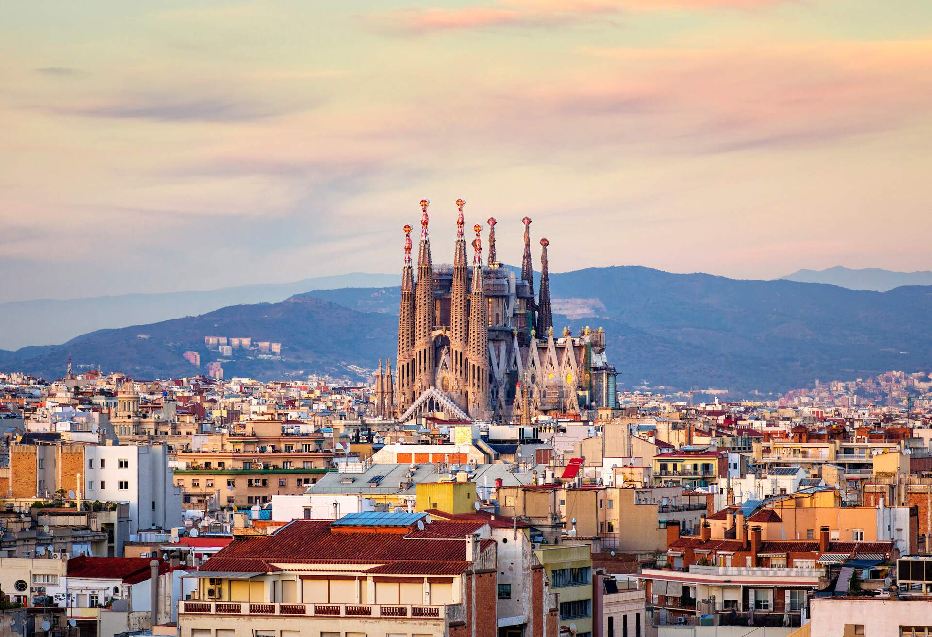 Church of La Sagrada Familia from Antoni Gaudi at golden hour. Barcelona. Spain