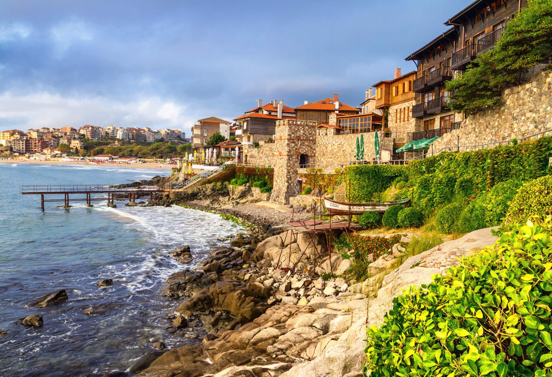 Seaside landscape - embankment with fortress wall in the city of Sozopol on the Black Sea coast in Bulgaria