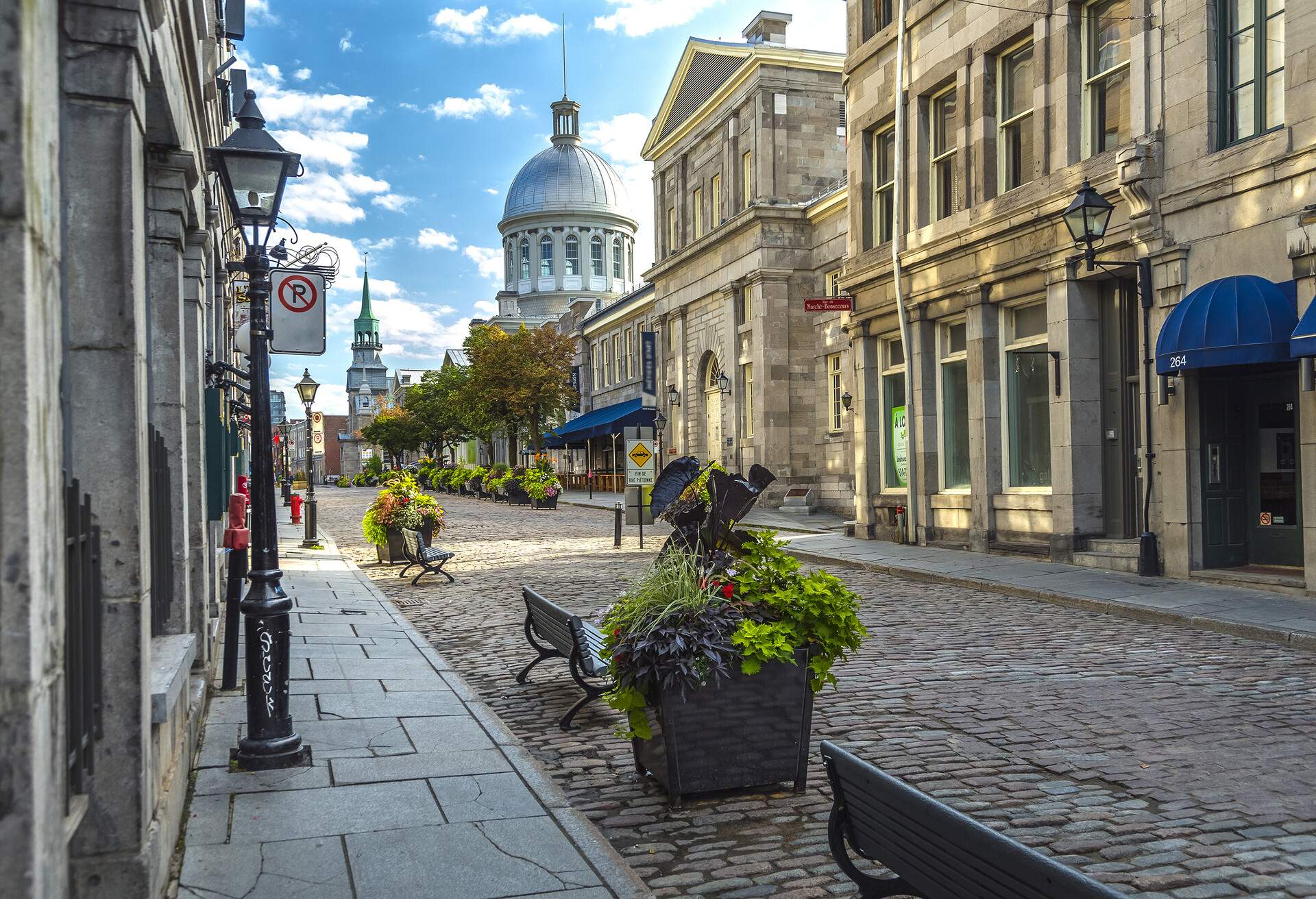 Old Montreal early morning summer cobbled streets, Canada