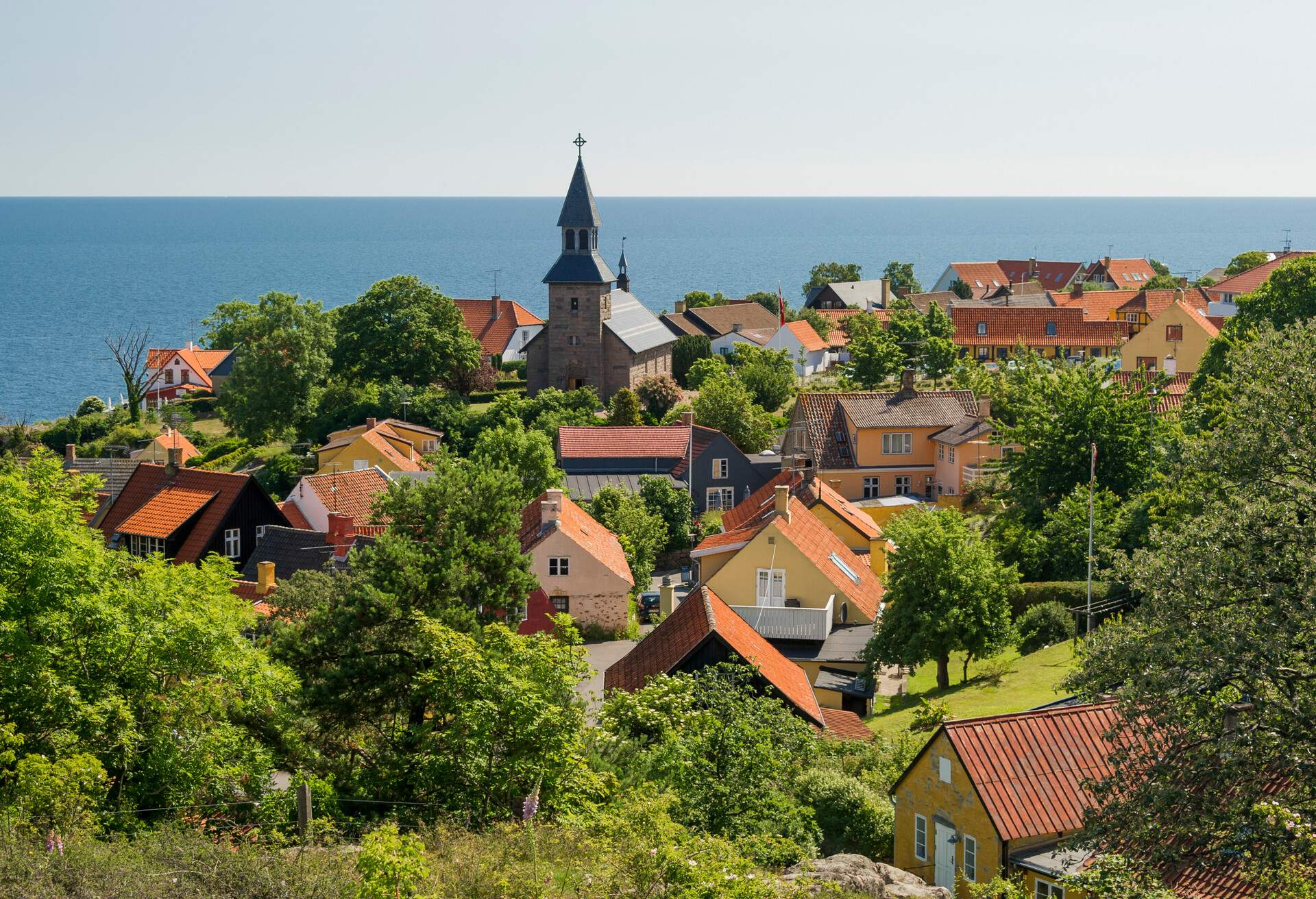 View of Gudhjem town on the island of Bornholm in Denmark. Bornholm is a Danish island in the Baltic Sea, just south of Sweden.