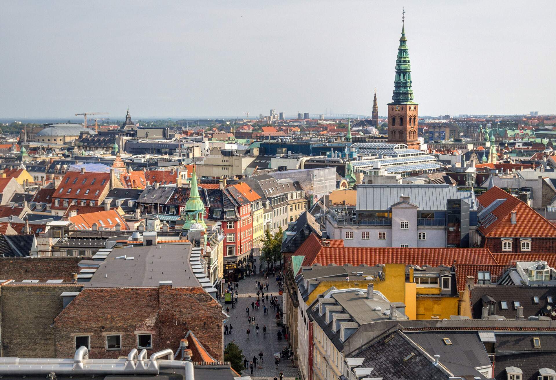 View of Copenhagen from The Round Tower, view towards the south. St. Nicholas Church tower bell. gps tagged