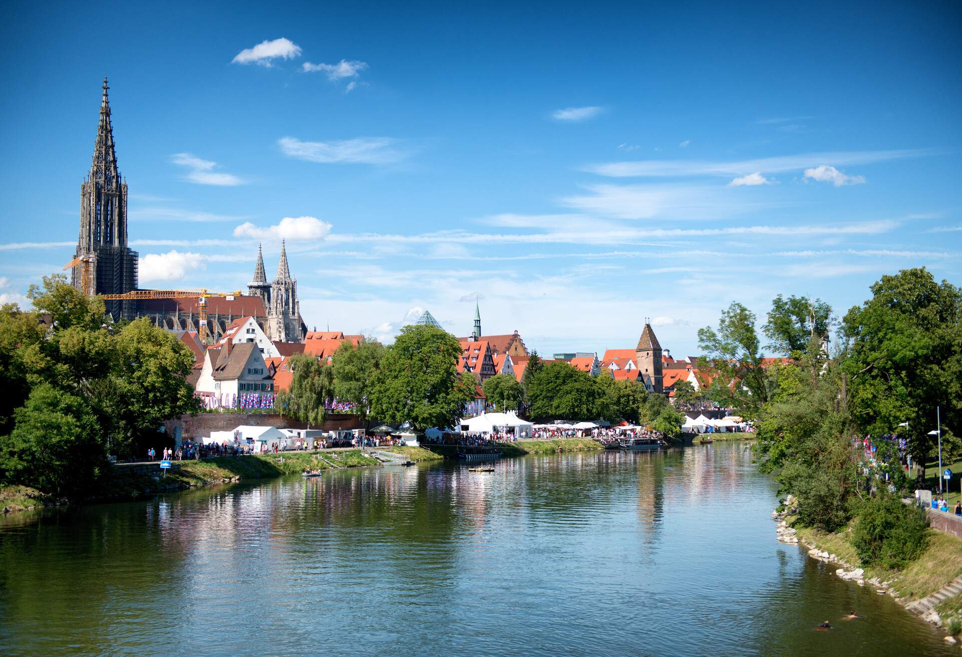 River Danube and Ulm skyline with Ulmer Minster (cathedral) against blue sky; Shutterstock ID 217856929