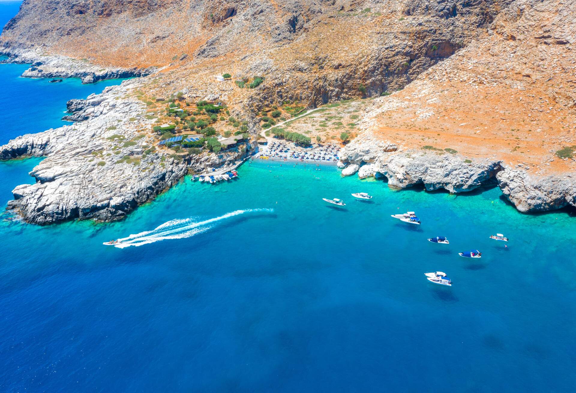 Marmara beach at the end of Aradena gorge and coastline alongside e4 trail at south-west coast of Crete island, Greece