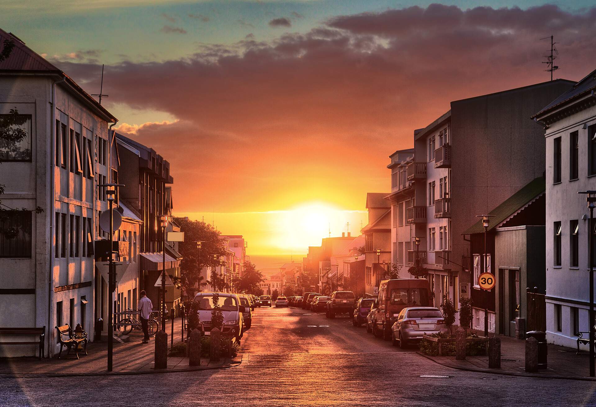 Downtown reykjavik at sunset, Reykjavik, Iceland.