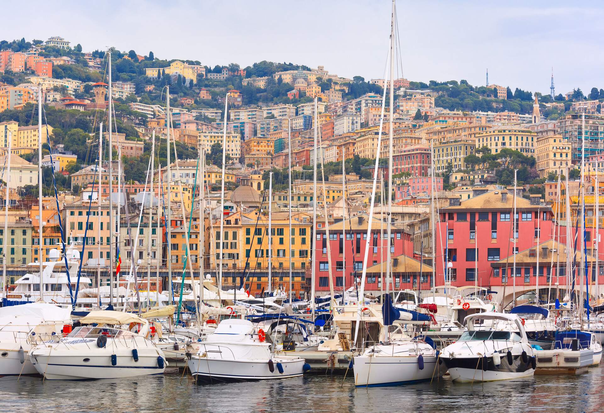 Marina Porto Antico Genova, where many sailboats and yachts are moored, Genoa, Italy.
