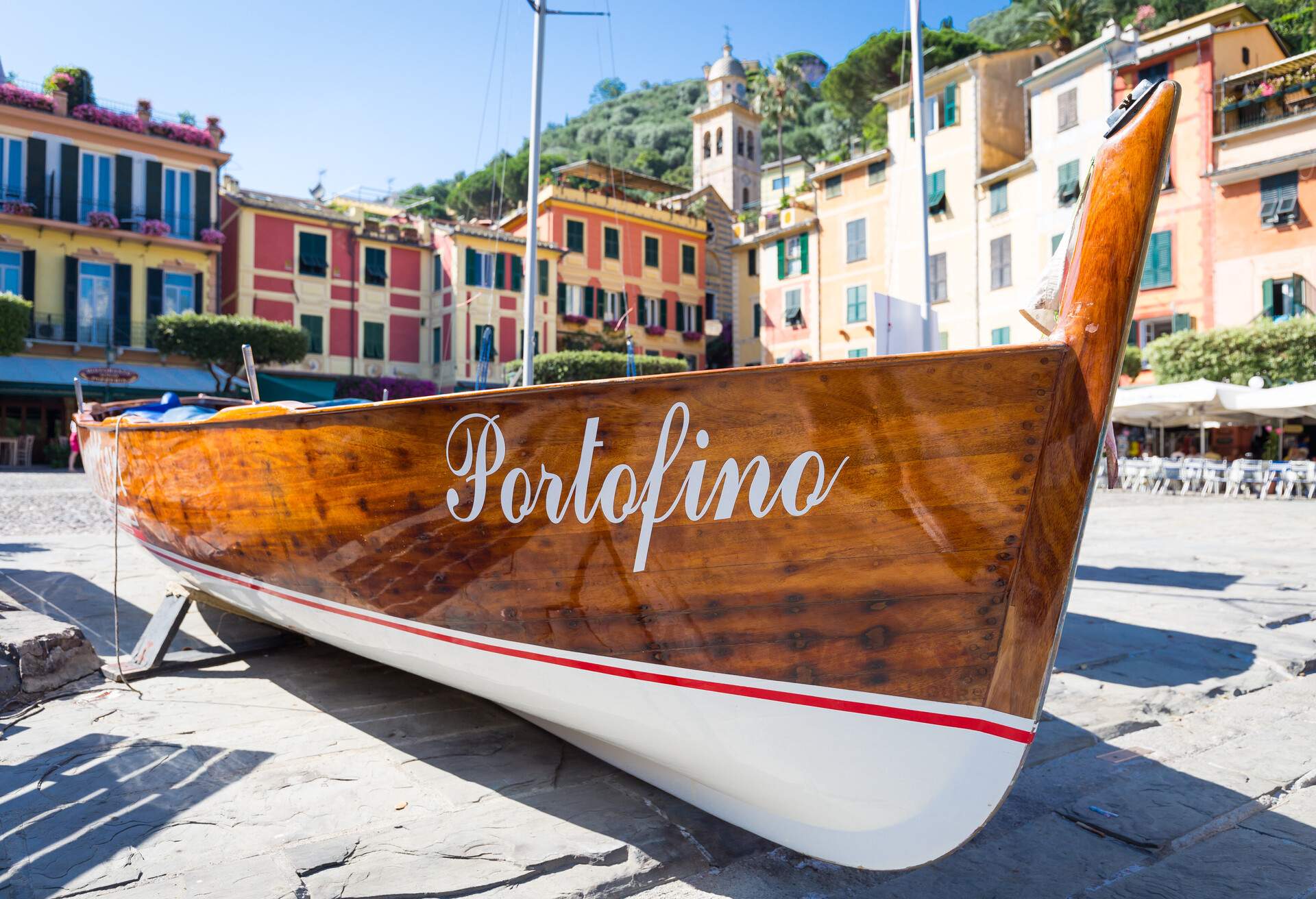 The name of the famous Portofino town in Italy on a boatside - landmark sign, no copyright