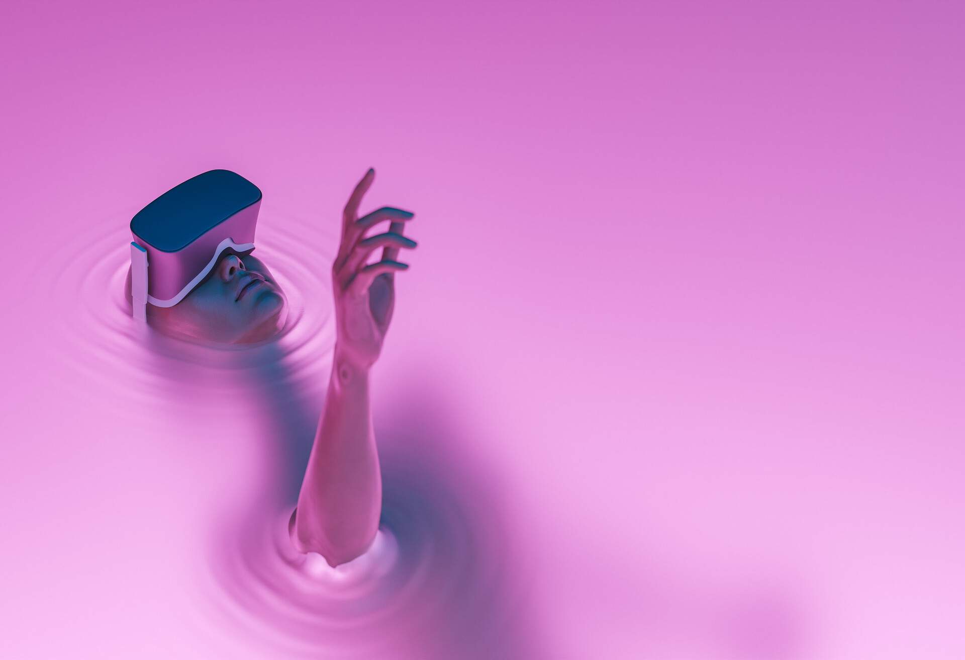 Human figure with its right hand and face wearing a VR headset emerge from a magenta-coloured liquid.