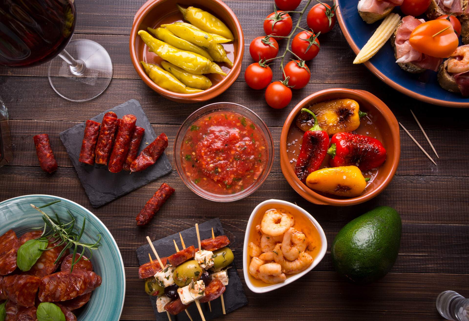 Top view of table with variety of mediterranean appetizers - tapas