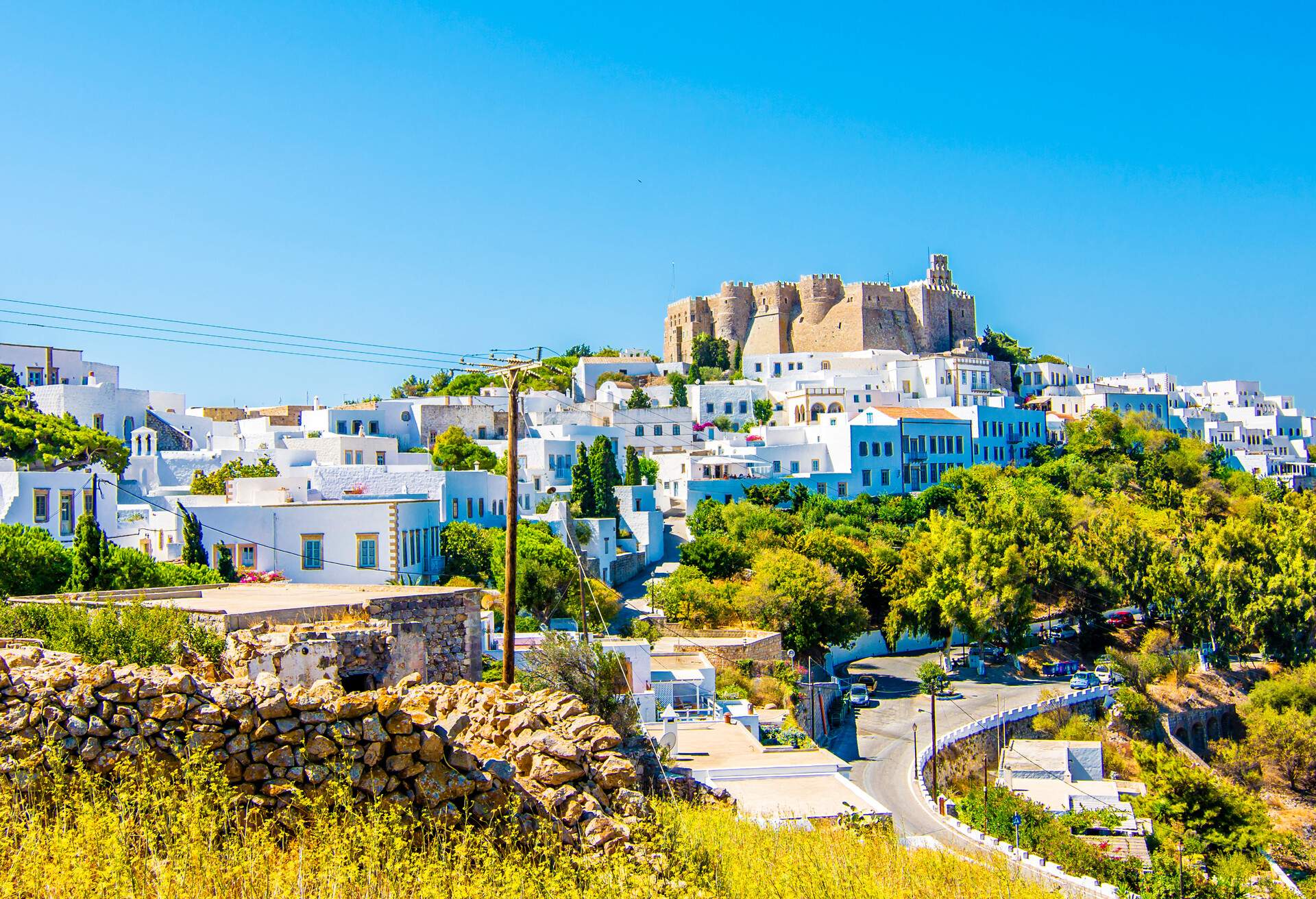 Chora Village view in Patmos Island; Shutterstock ID 1350121364
