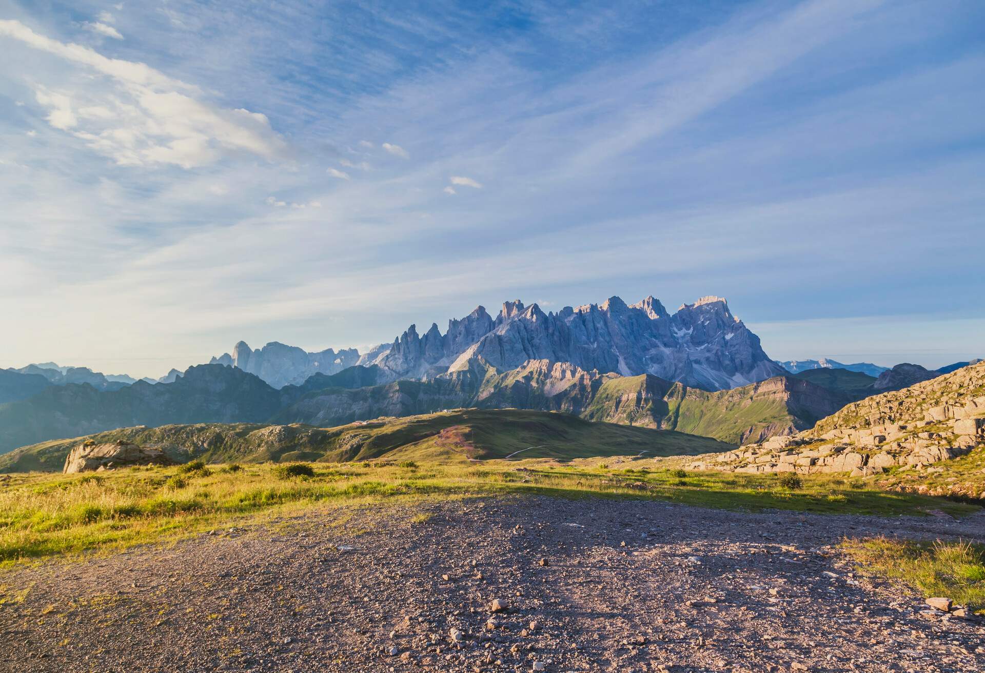 Scenics of the Dolomites mountains in the early morning; seen from Moena, Trento province, Italy.