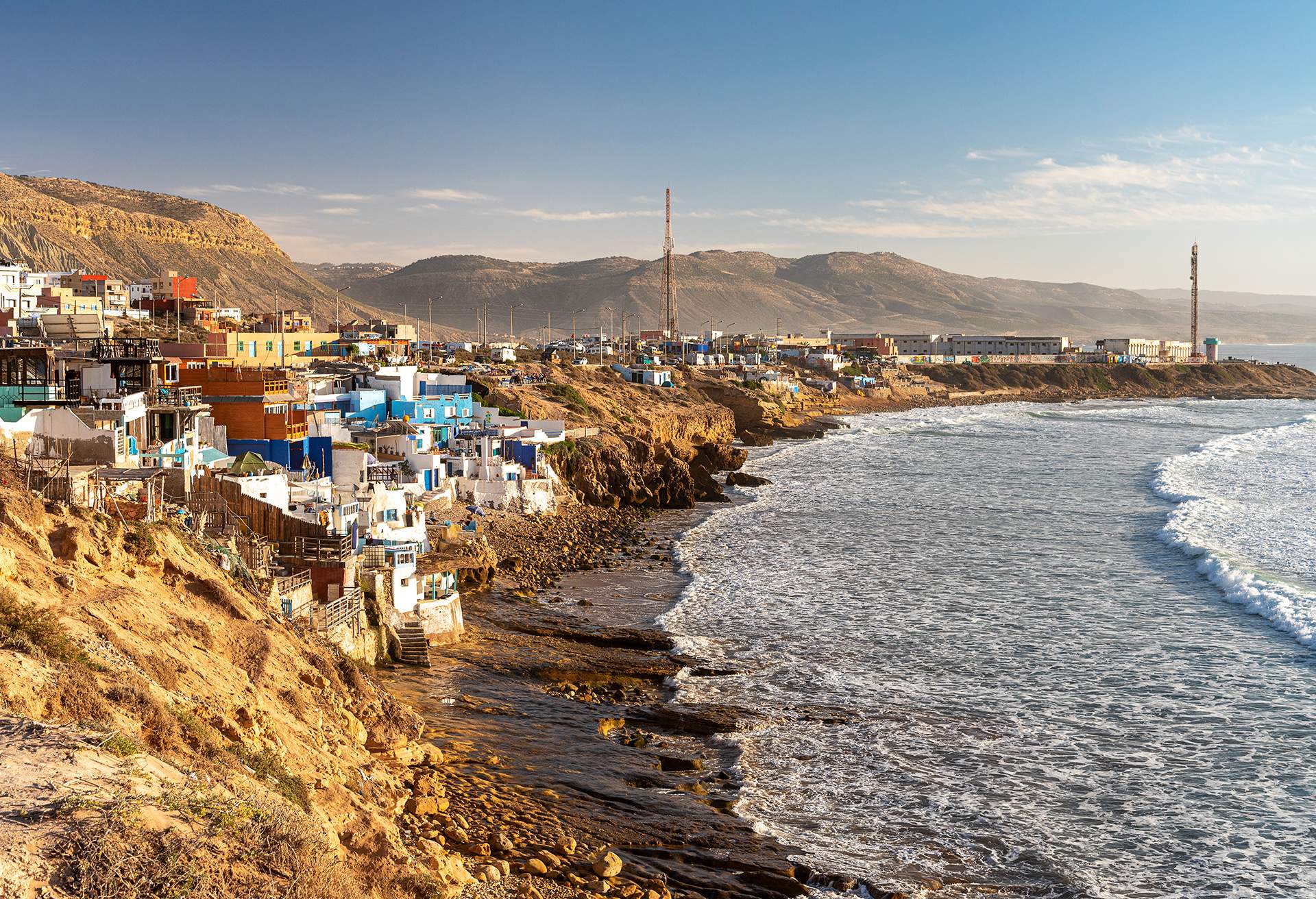 View of Imsouane surfer town in Morocco at sunset