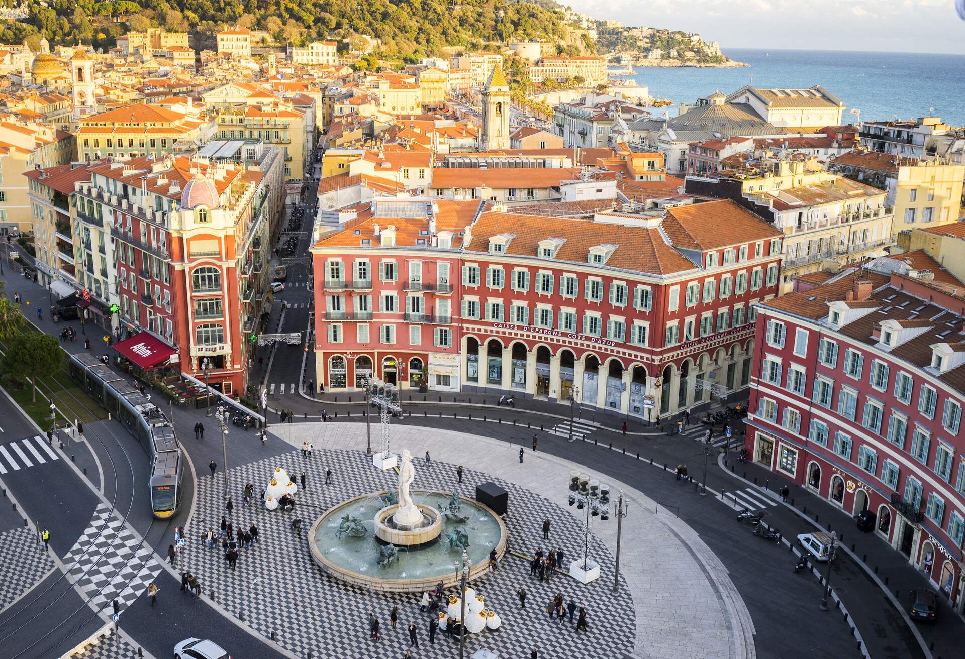Aerial view of crescent in Nice's centre with the sea in background, Cote d'Azur, France