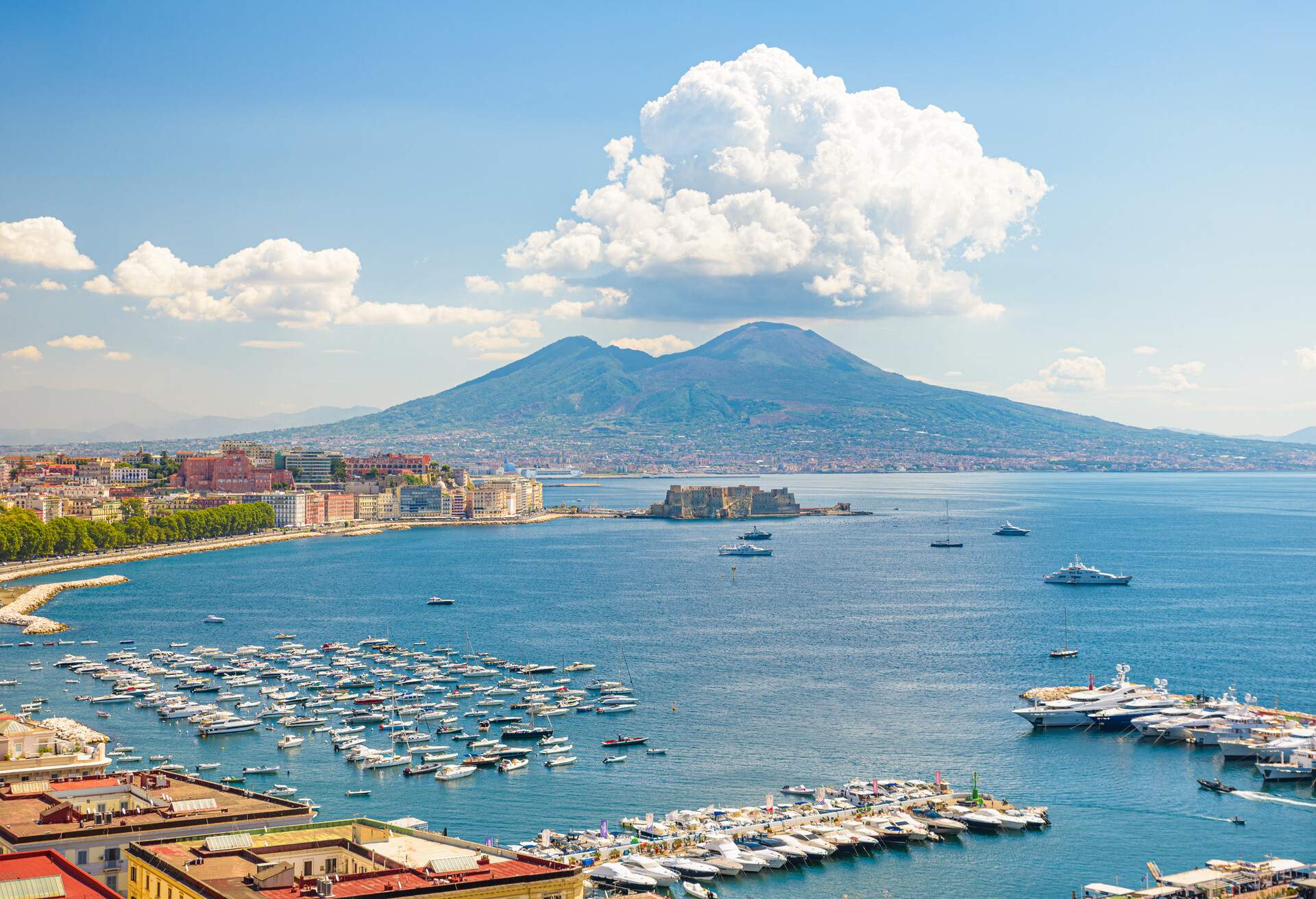 Naples, Italy. August 31, 2021. View of the Gulf of Naples from the Posillipo hill with Mount Vesuvius far in the background.