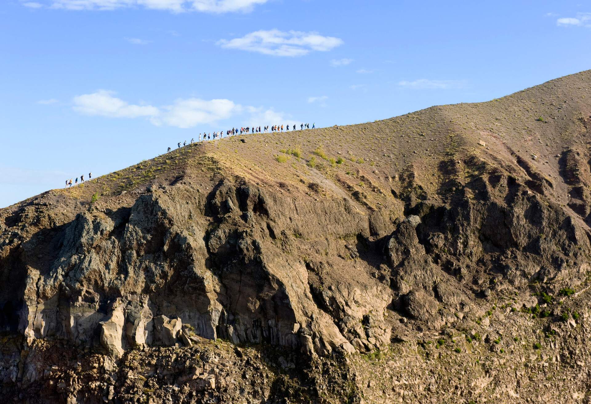 Morning mood with tourists on the summit Mt. Vesuvius, Campania, Italy, Europe