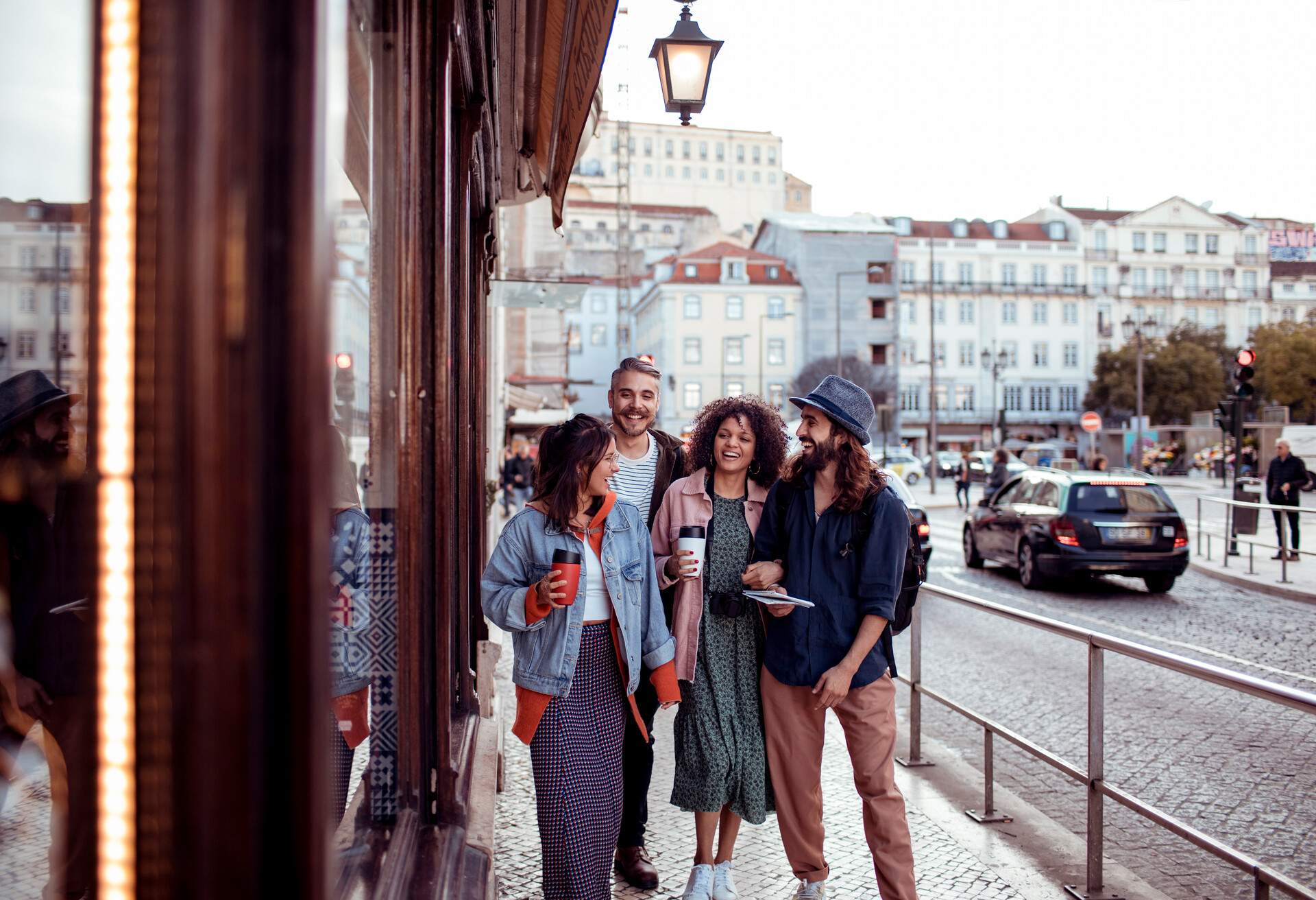 Close up of a group of friends exploring the city