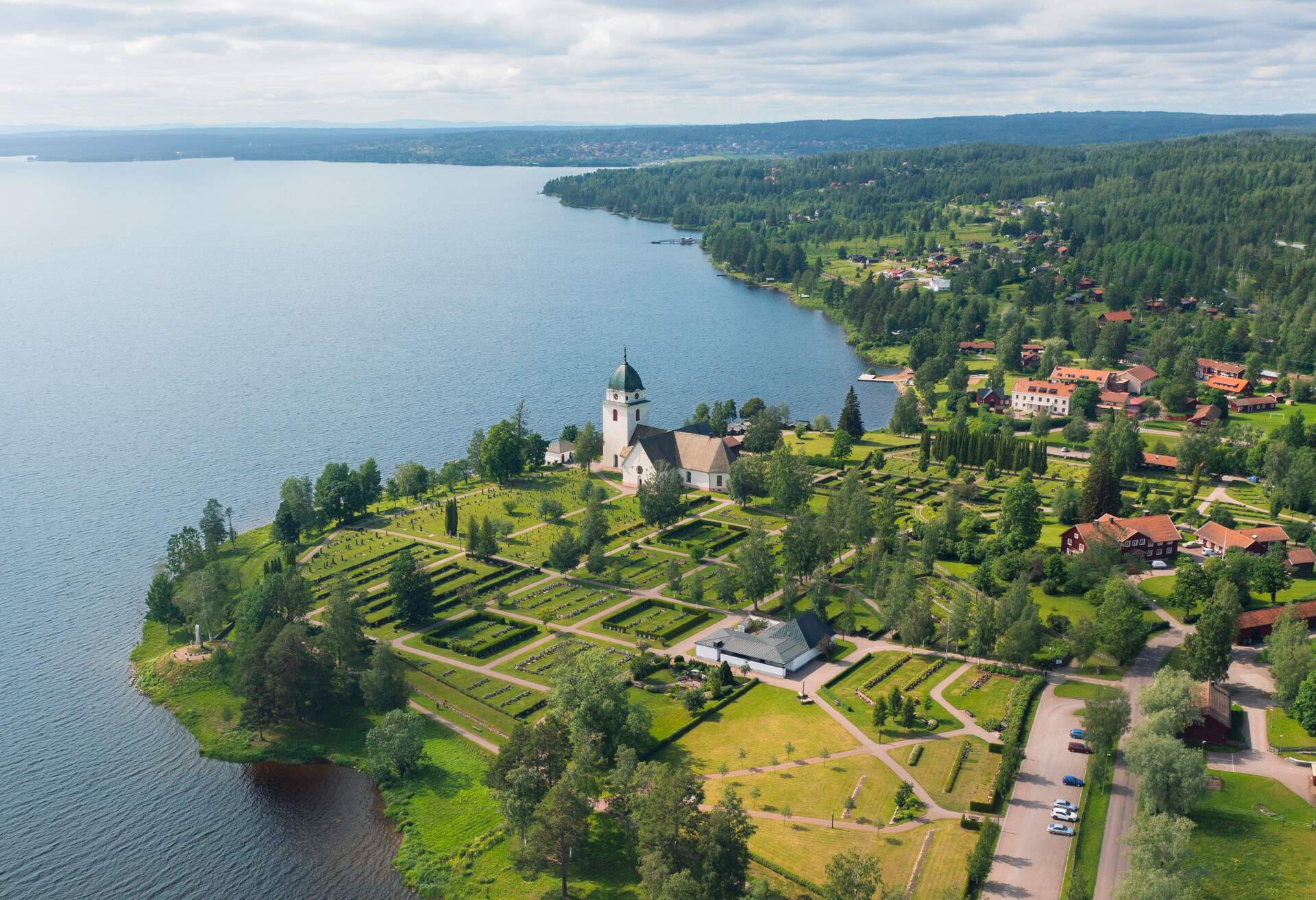 Aerial view of Lake Siljan and Rättvik church in summer in Dalarna, Sweden.