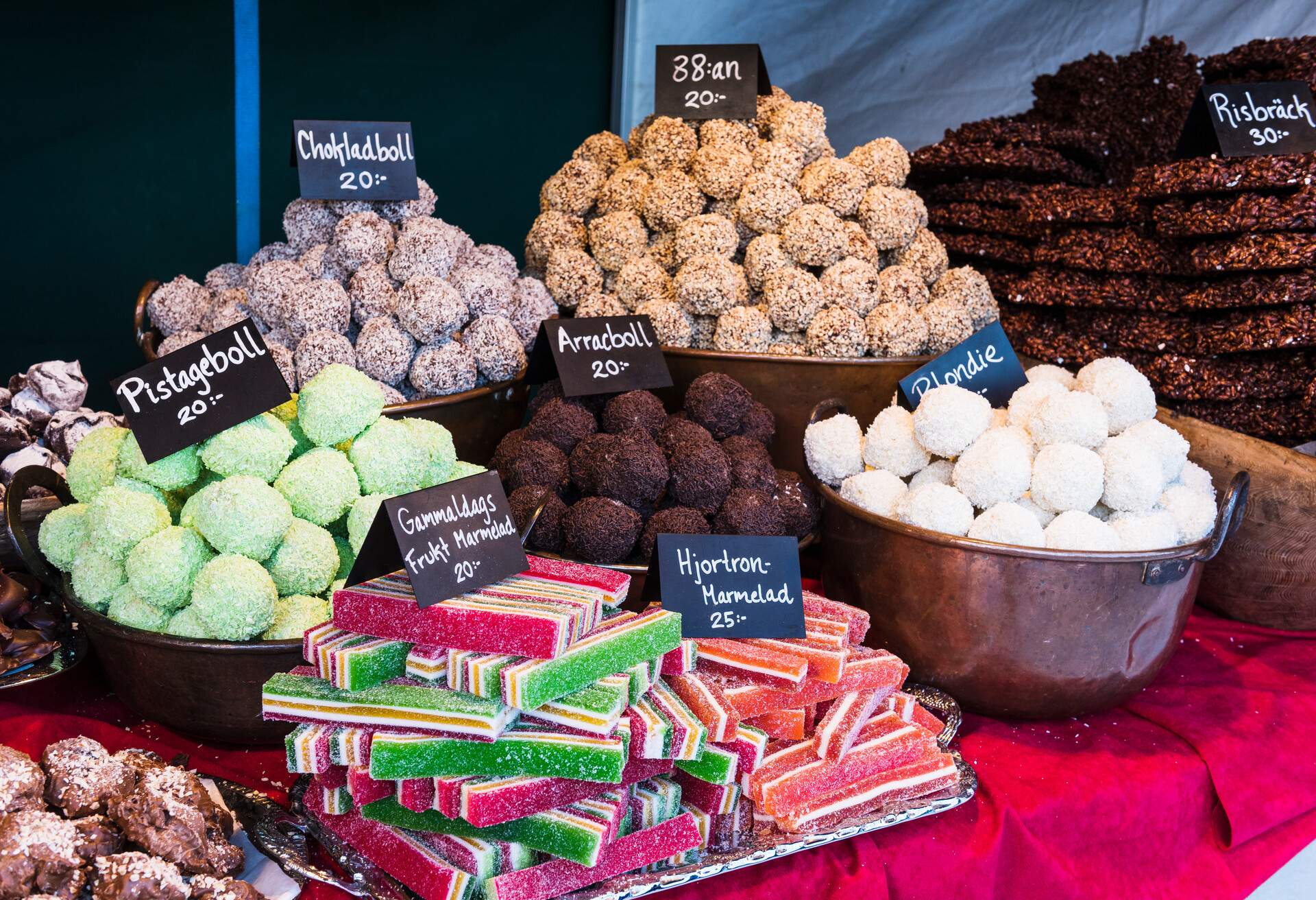 Closeup of candy of a table on a market