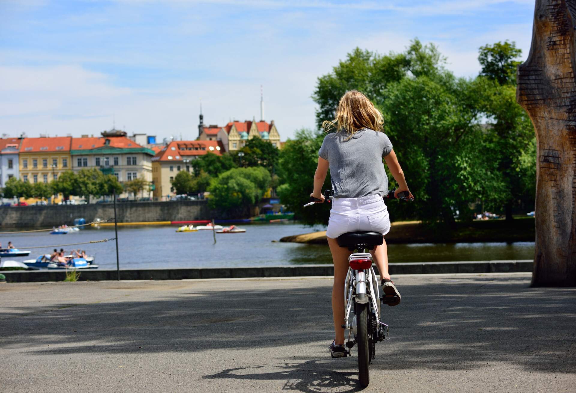 Bicyclist in sunlit city.