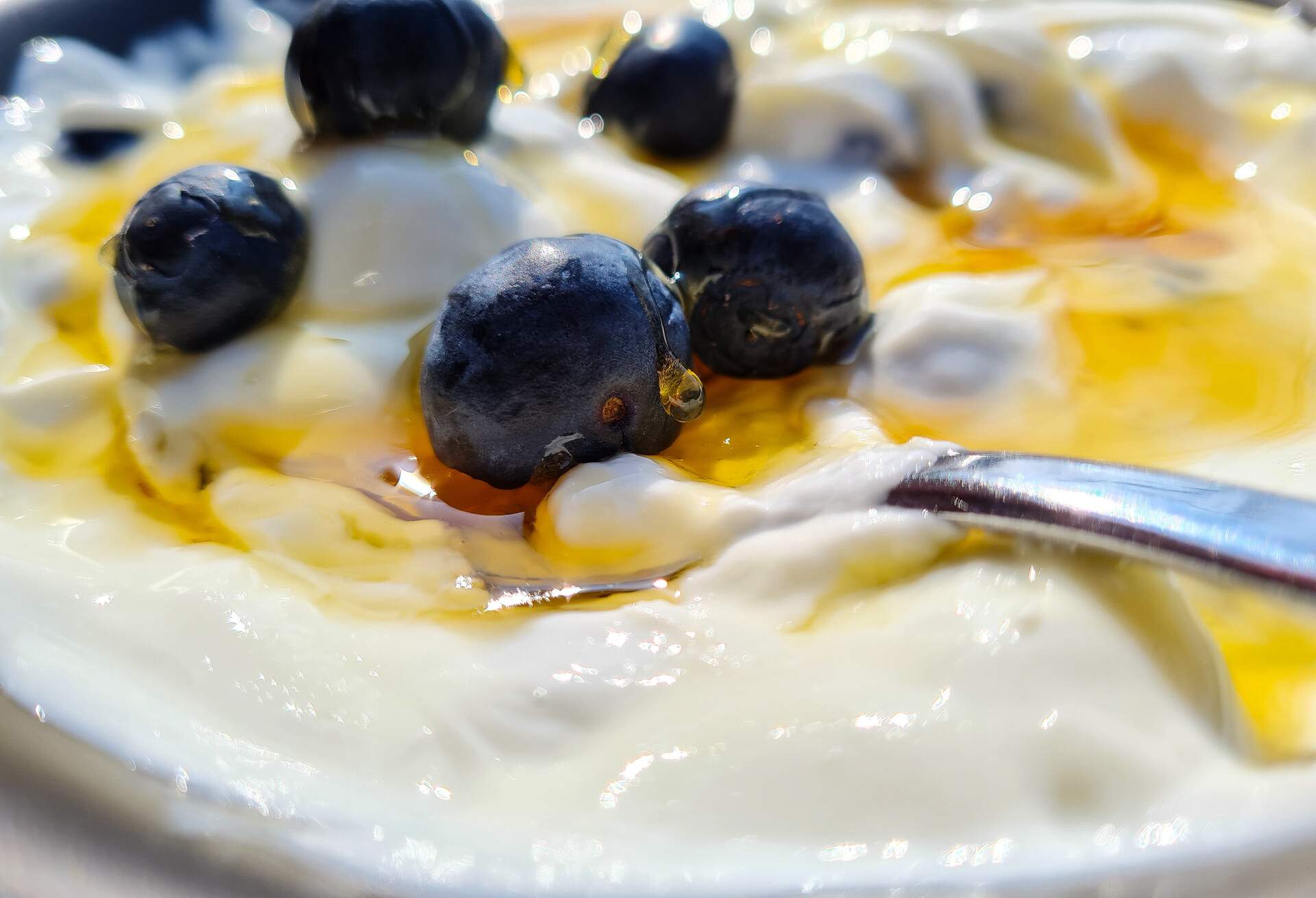 Skyr with blueberries and Honey. Outdoor shot 2