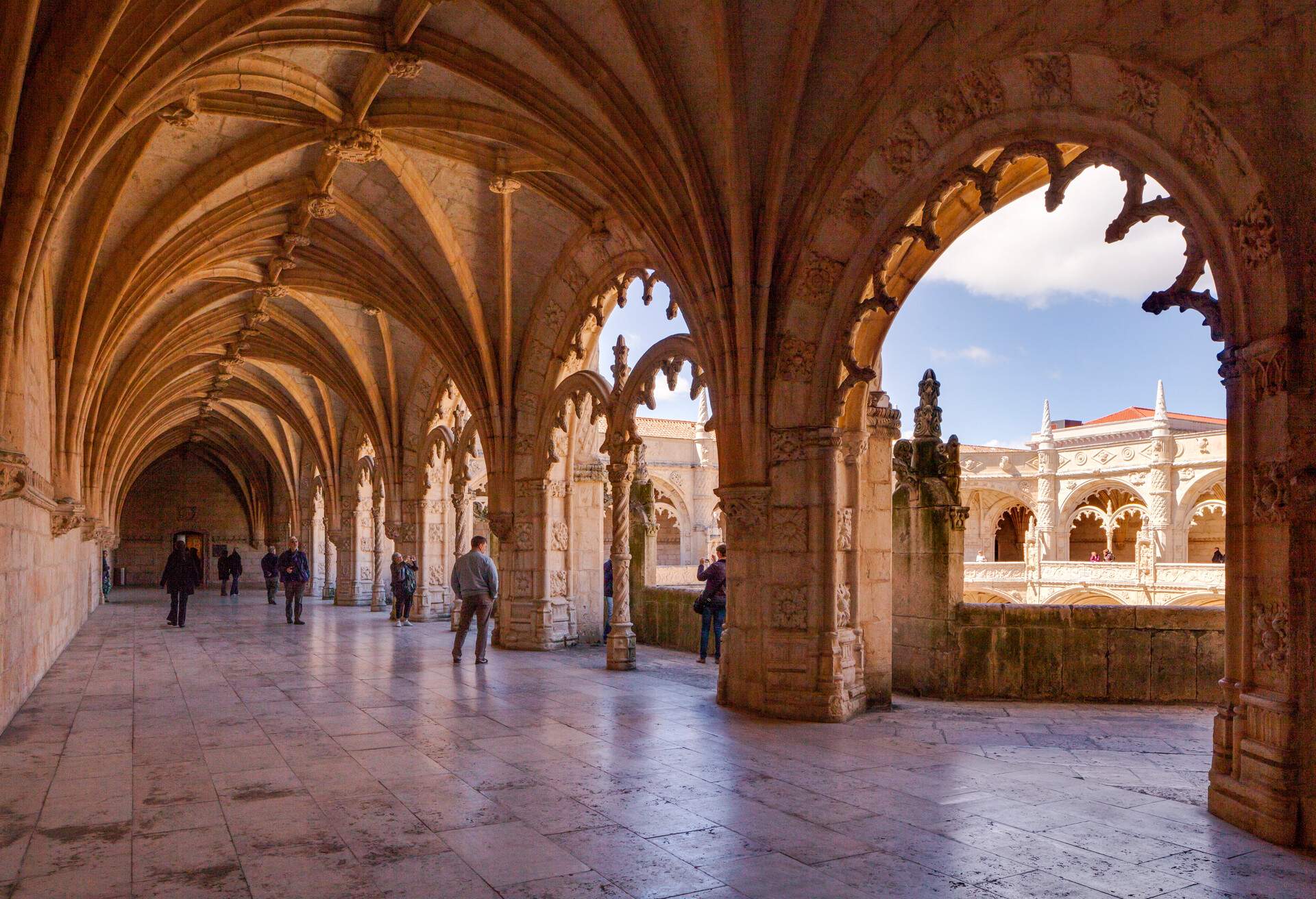 Cloister in Mosteiro dos Jeronimos in Lisbon, Portugal. The monastery is one of the most prominent examples of the Portuguese Late Gothic Manueline style of architecture in Lisbon. It was classified a UNESCO World Heritage Site in 1983.