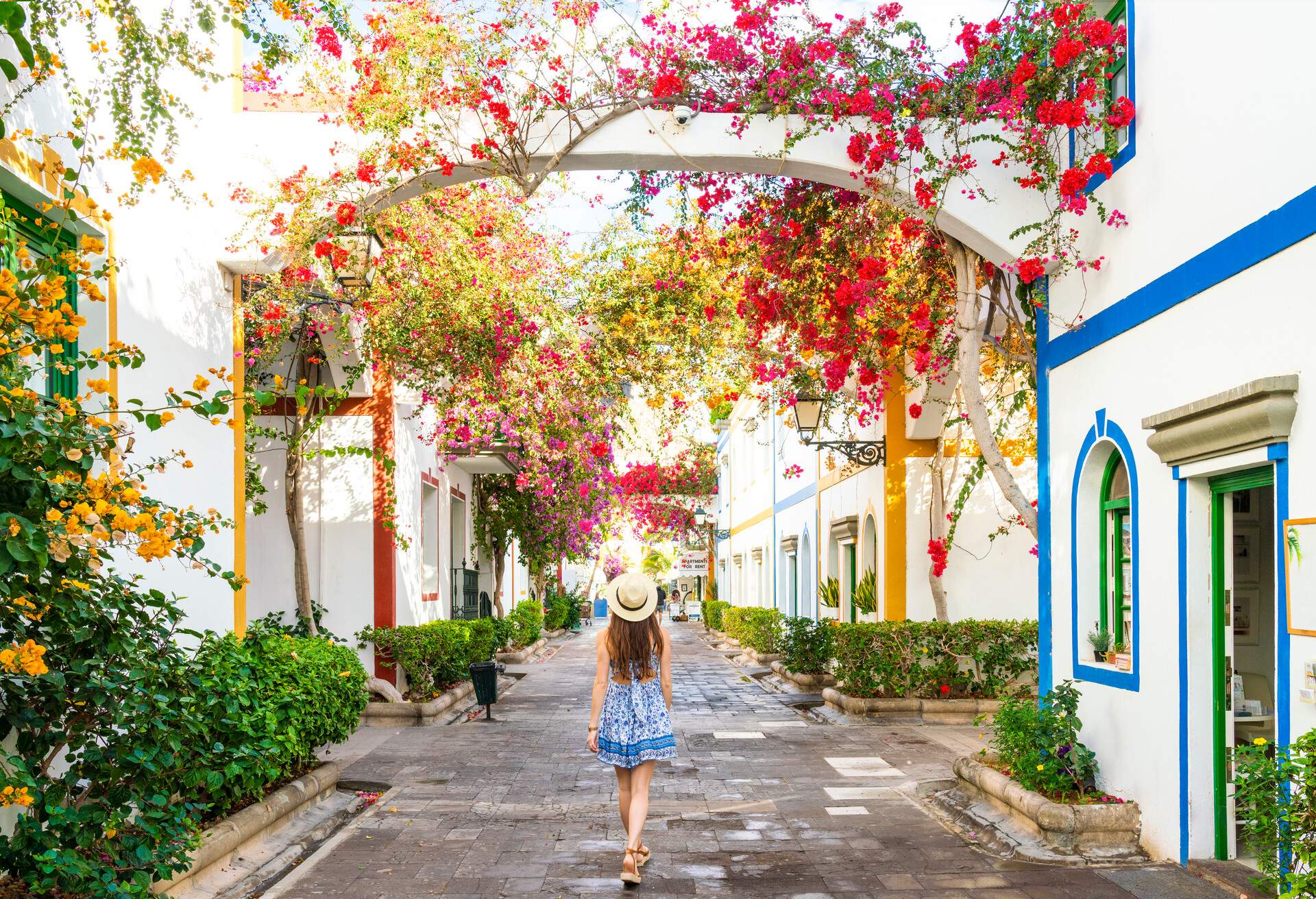 A woman in a hat walking down a paved street under a pergola of colourful flowers.