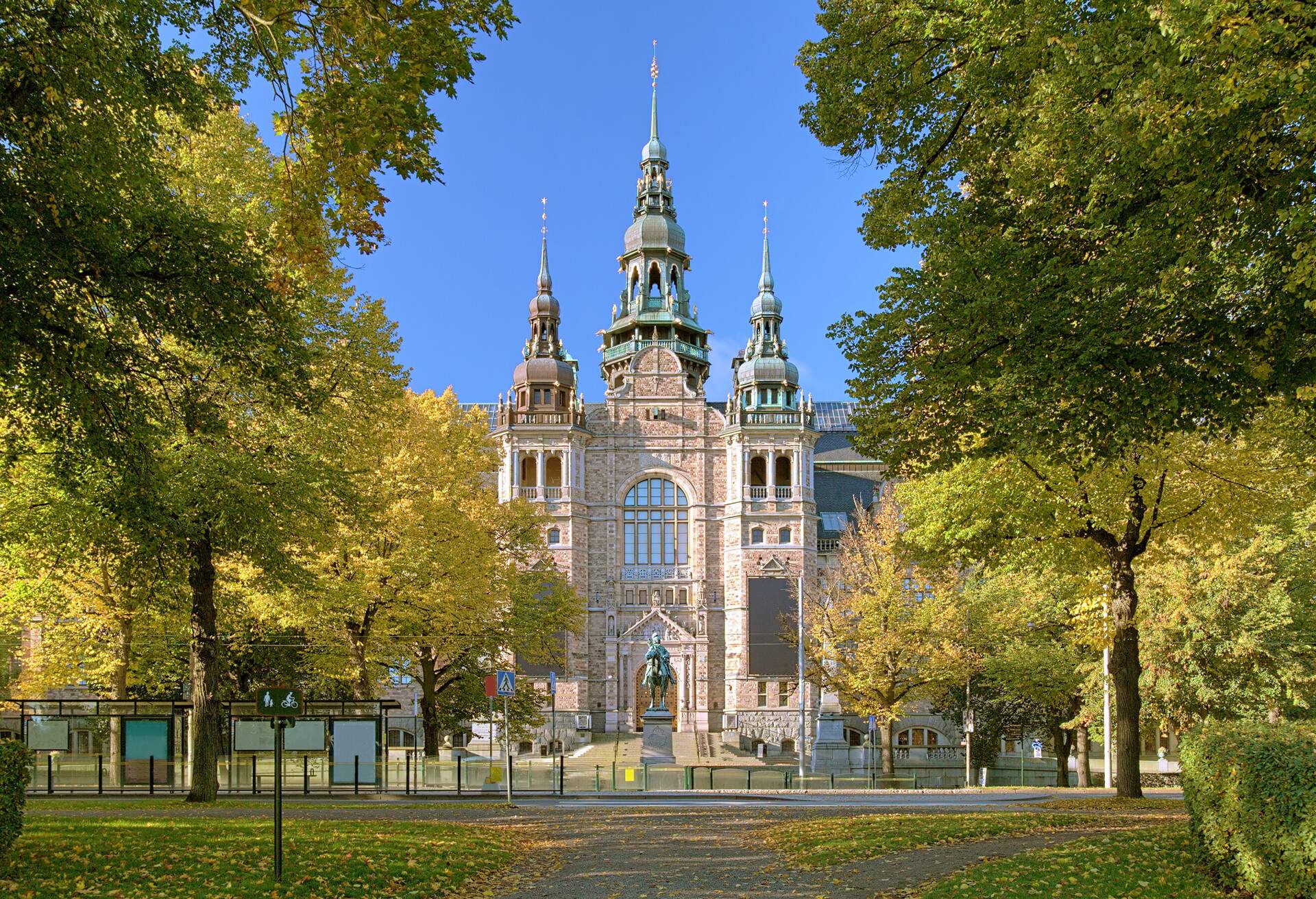 Facade of the Nordic Museum Building in autumn sunny day, Stockholm, Sweden