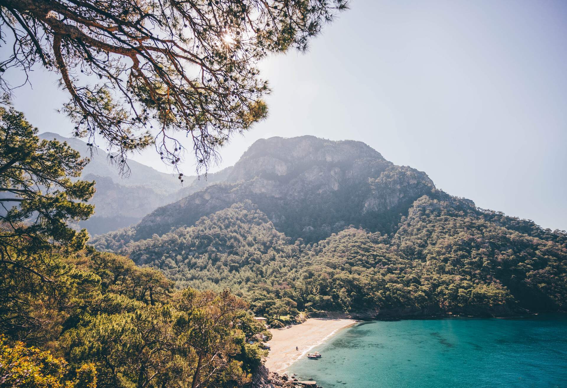 Muğla Fethiye Kabak. Panoramic view rocky coast of Turkey. Vacation at sea.