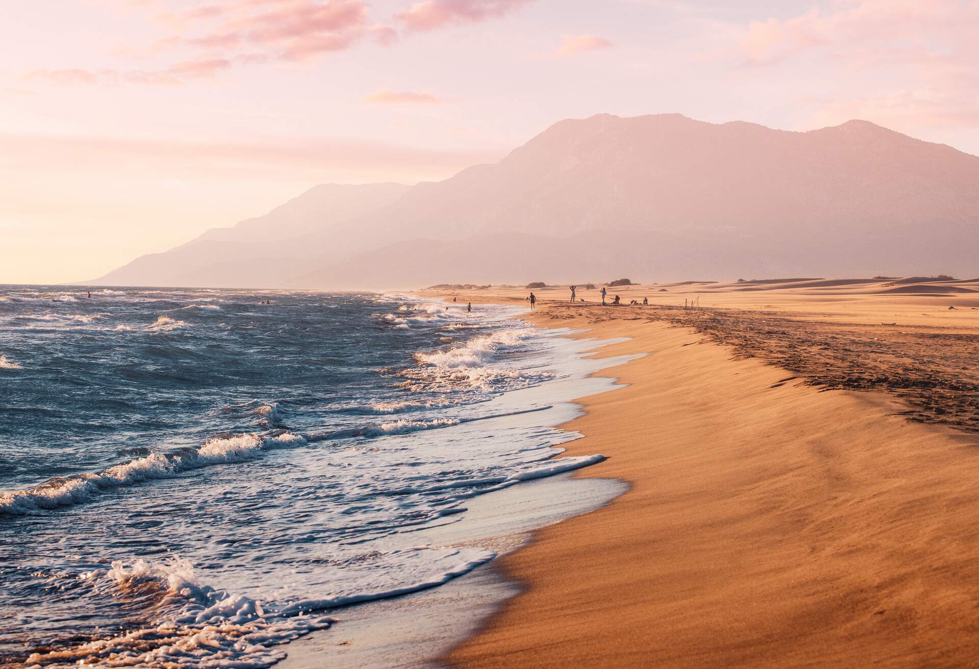 Sunset view of the Mediterranean coast near Patara beach in Turkey. High mesmerizing mountains in the background. Hidden natural treasures