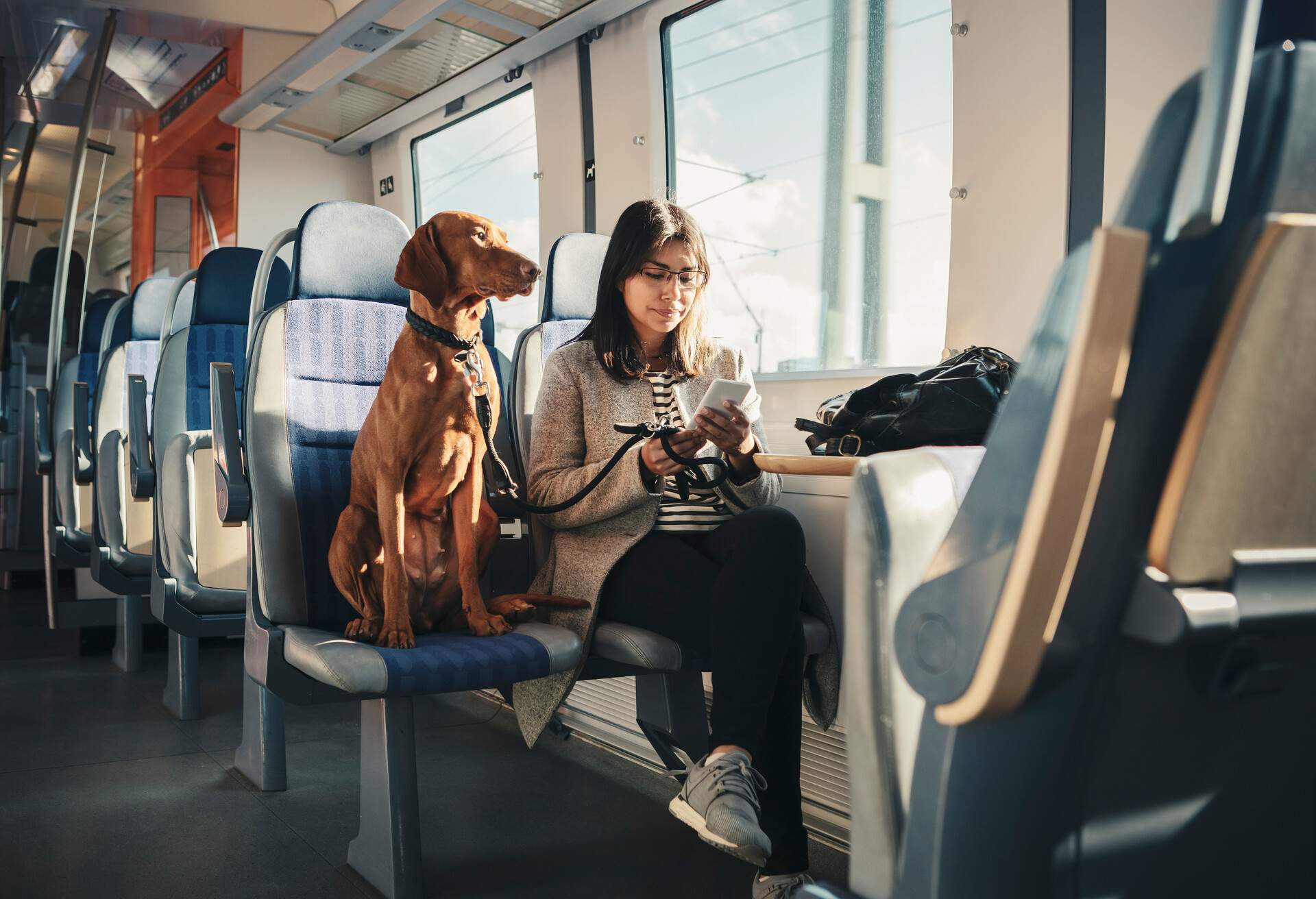 THEME_TRAIN_TRAVEL_PETS_DOG_PEOPLE_WOMAN_GettyImages-1345020610