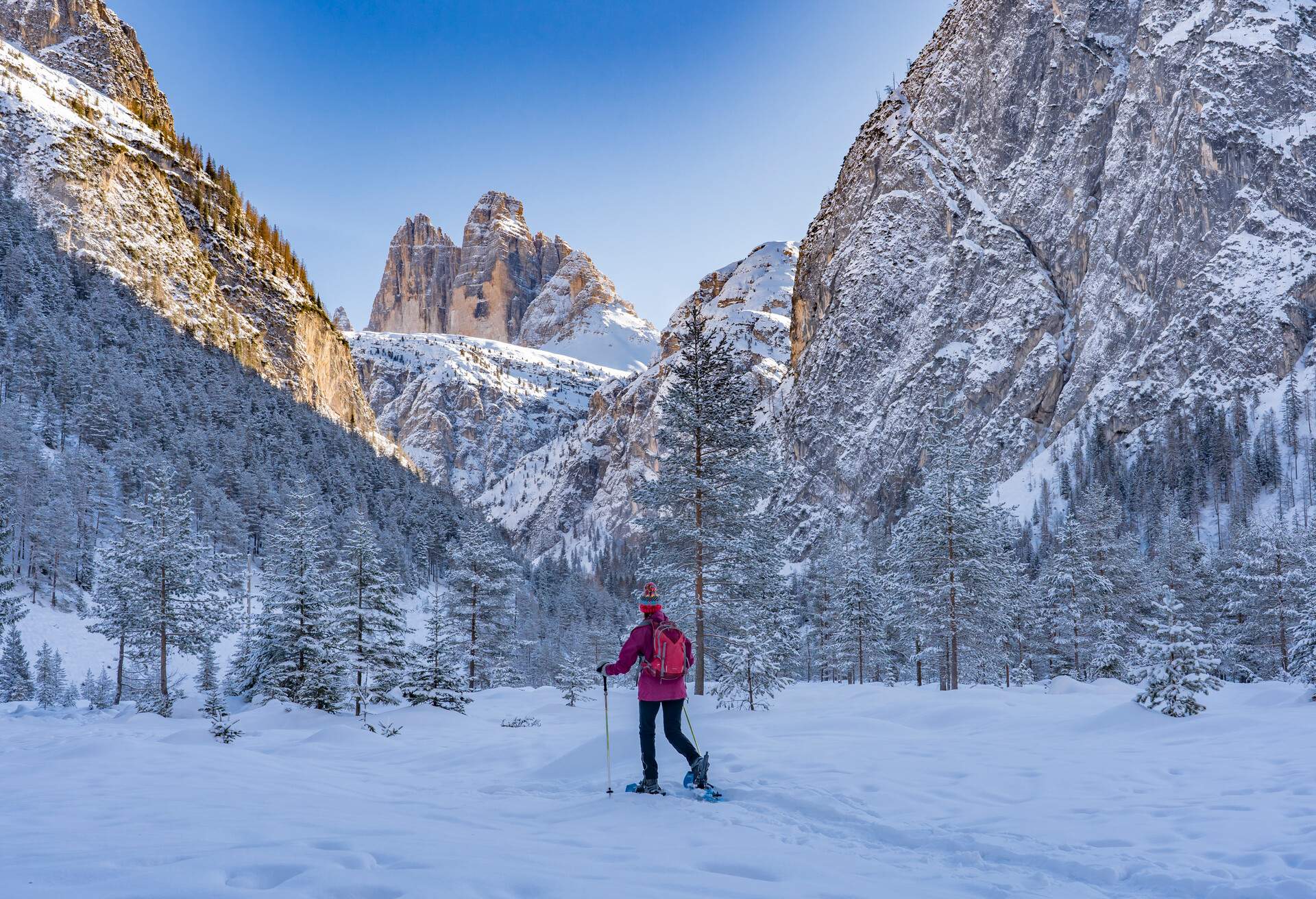 active senior woman snowshoeing in spectacular Hoehlenstein Valley under the famous Three Peaks, Dolomites near village of Toblach, South Tyrol, Italy