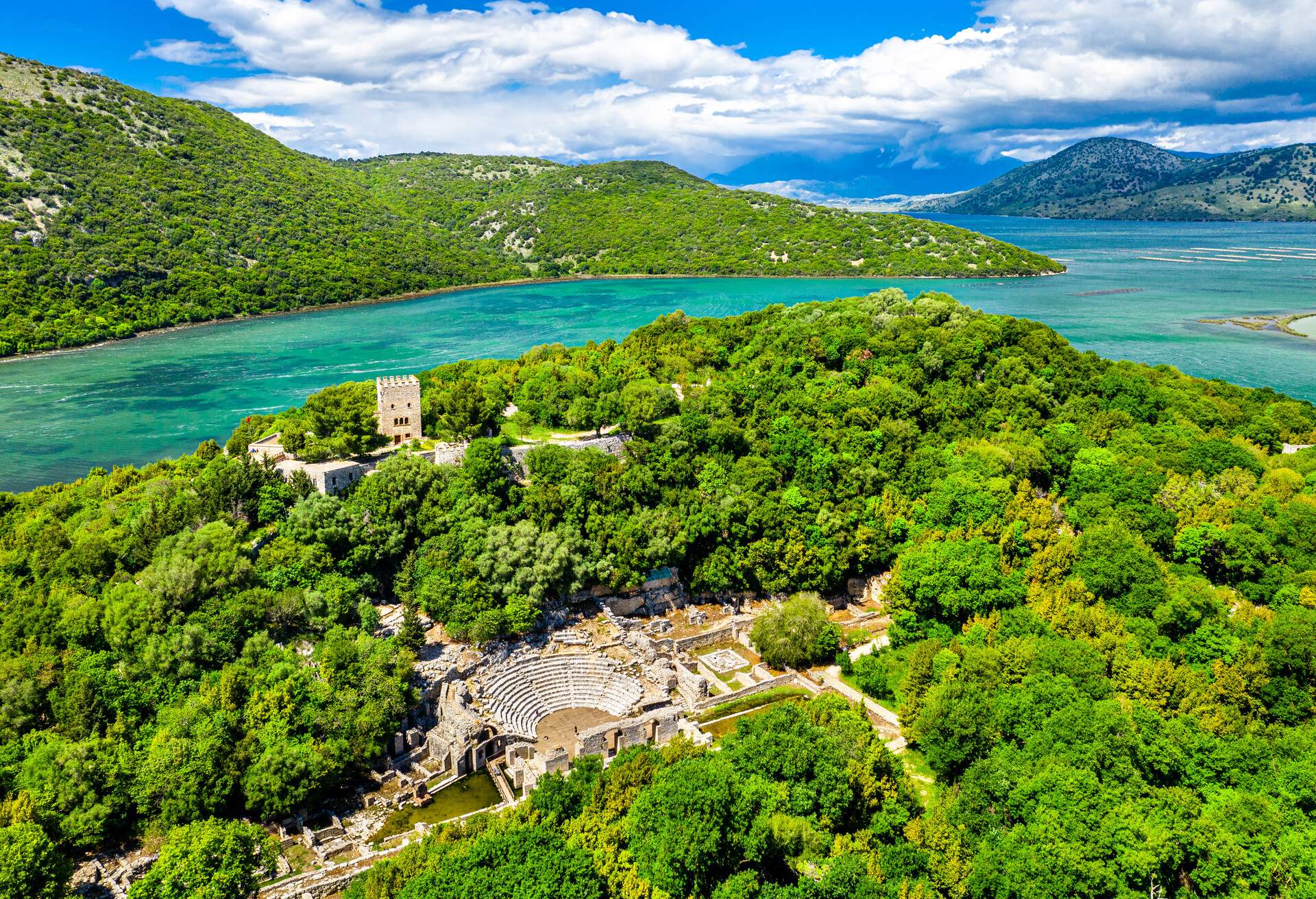 Aerial view of the Butrint archaeological site. UNESCO world heritage in Albania