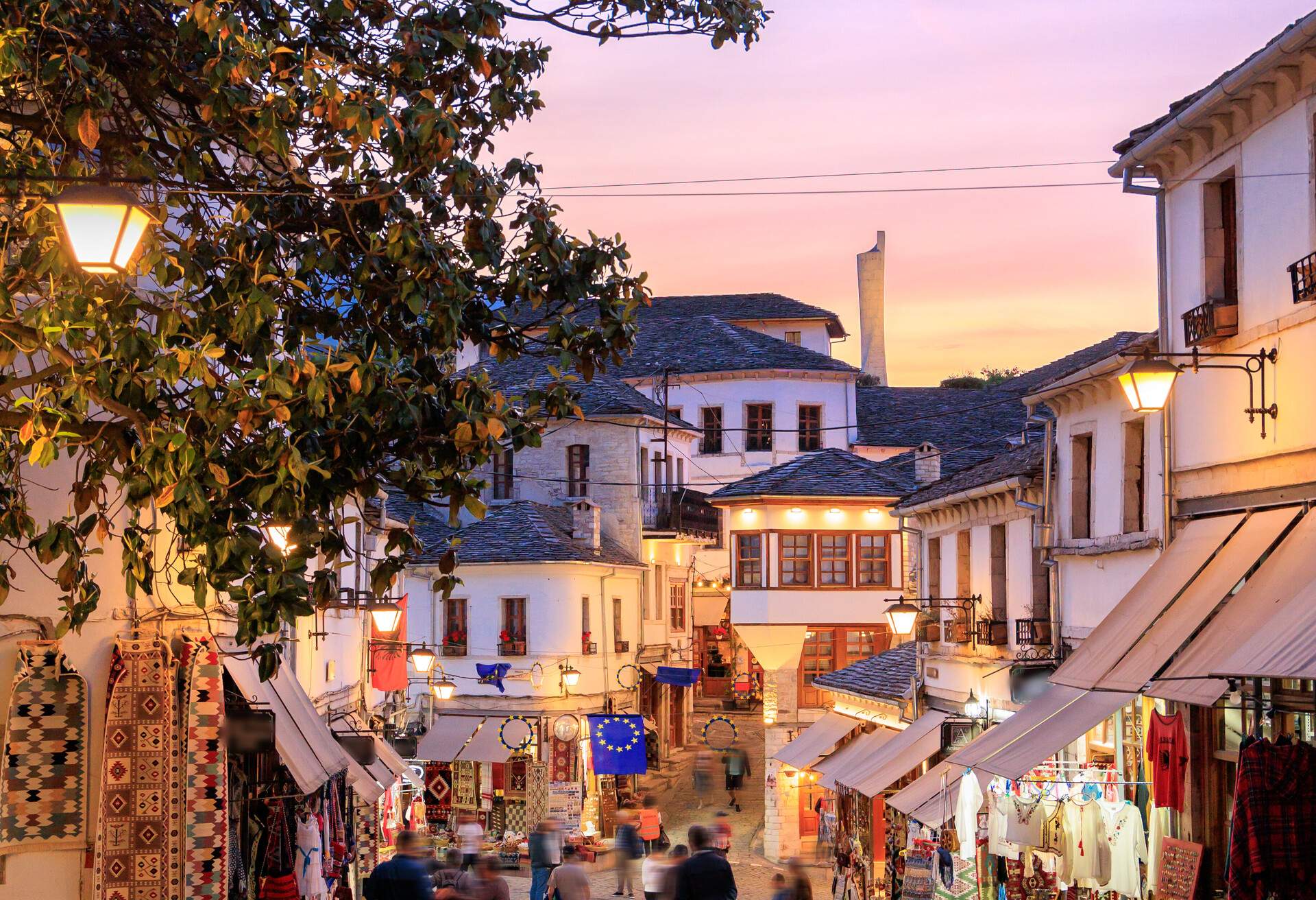 Gjirokaster, Albanian old town at dusk