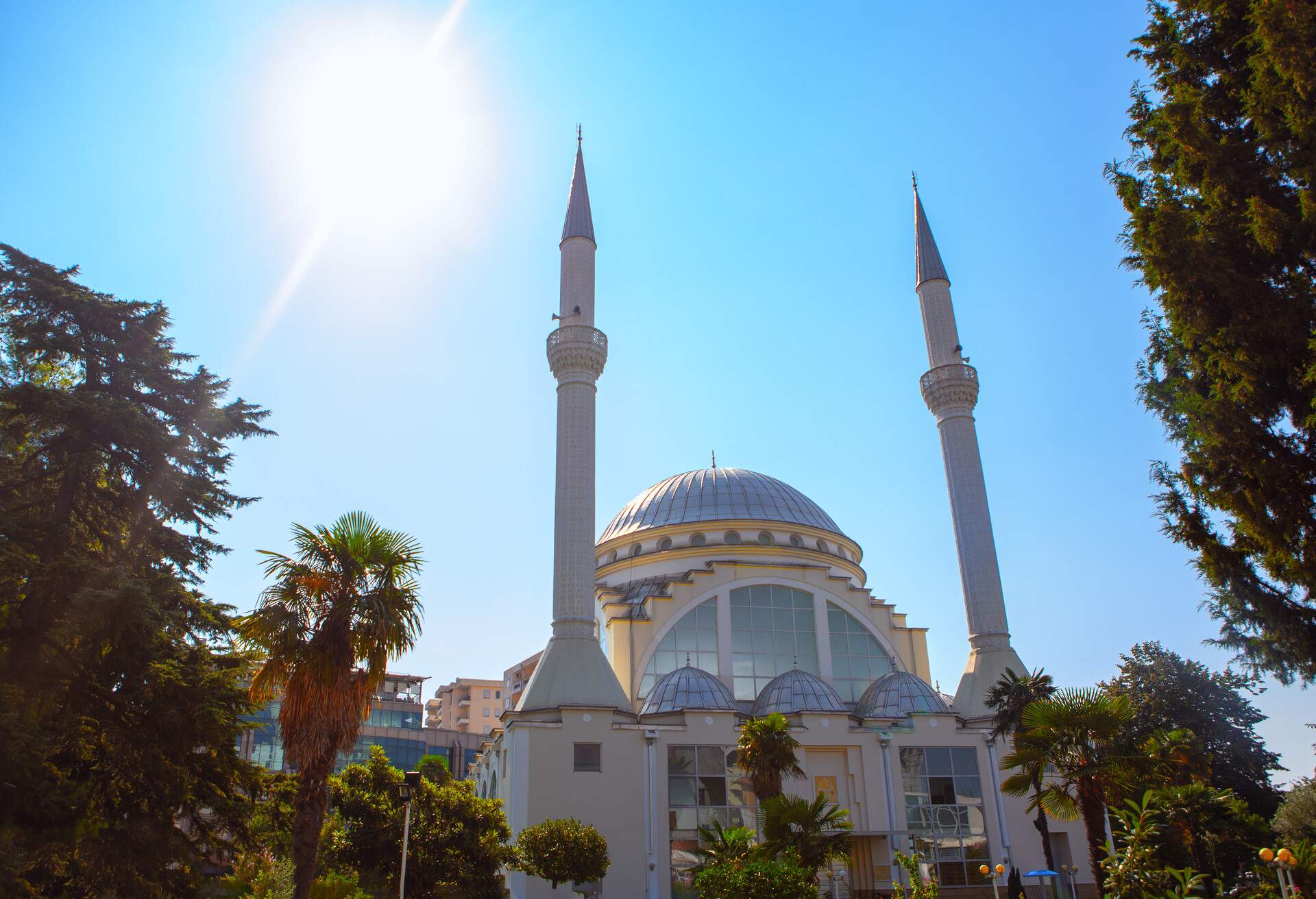 Sunrise over mosque . Ebu Bekr mosque in Shkoder Albania