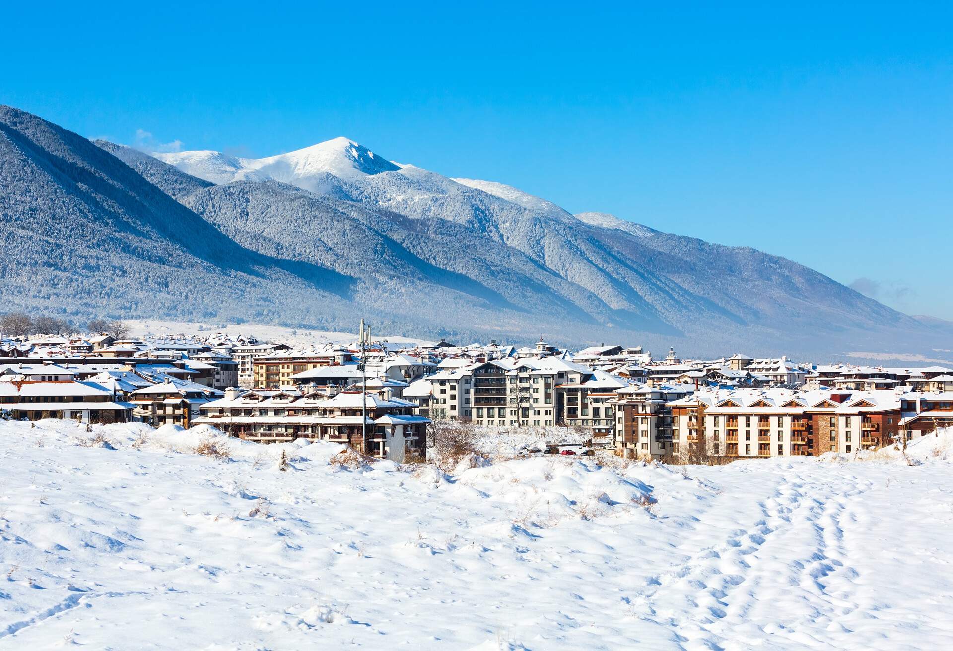 Buildings and residences along the base of a vast mountain range covered in snow.