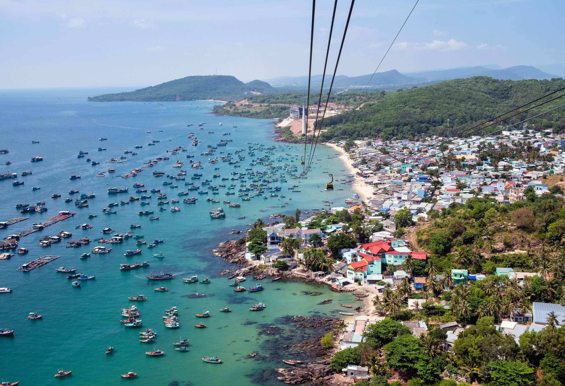 View of An Thoi fishing village and the Phu Quoc island cable car in the Kien Giang Biosphere Reserve on Phu Quoc island in southern Vietnam