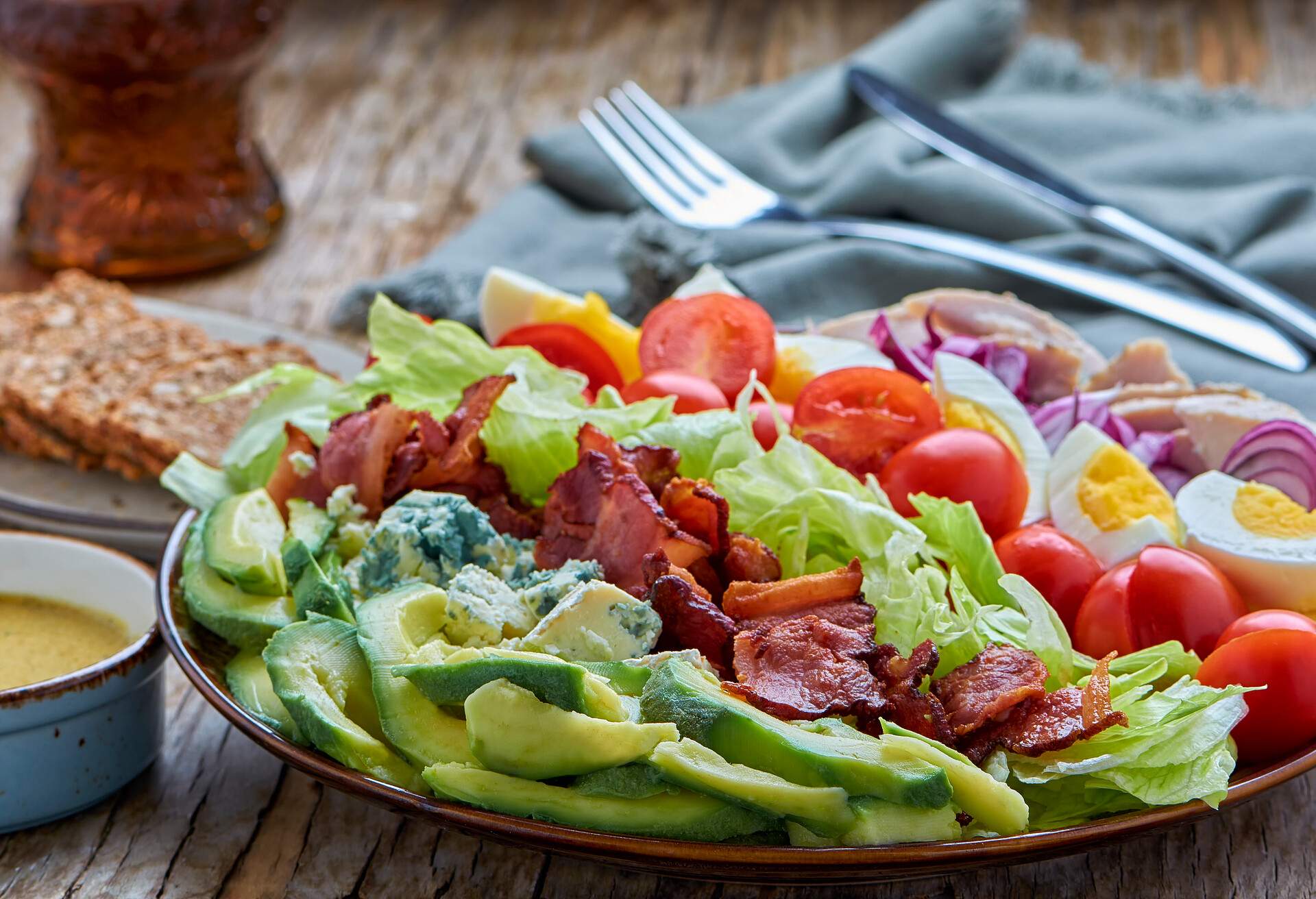 Cobb Salad. Second photo in series of two. Ready-to-eat Cobb Salad, traditional American dish.