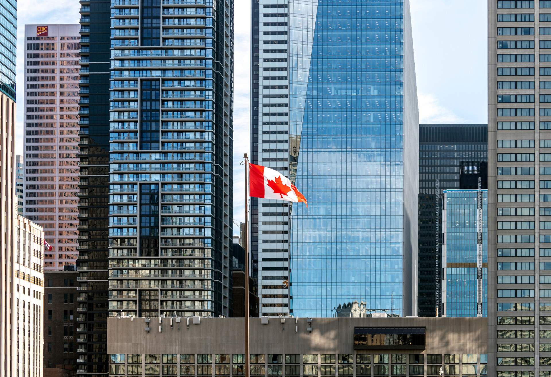 Canadian flag waving on the wind