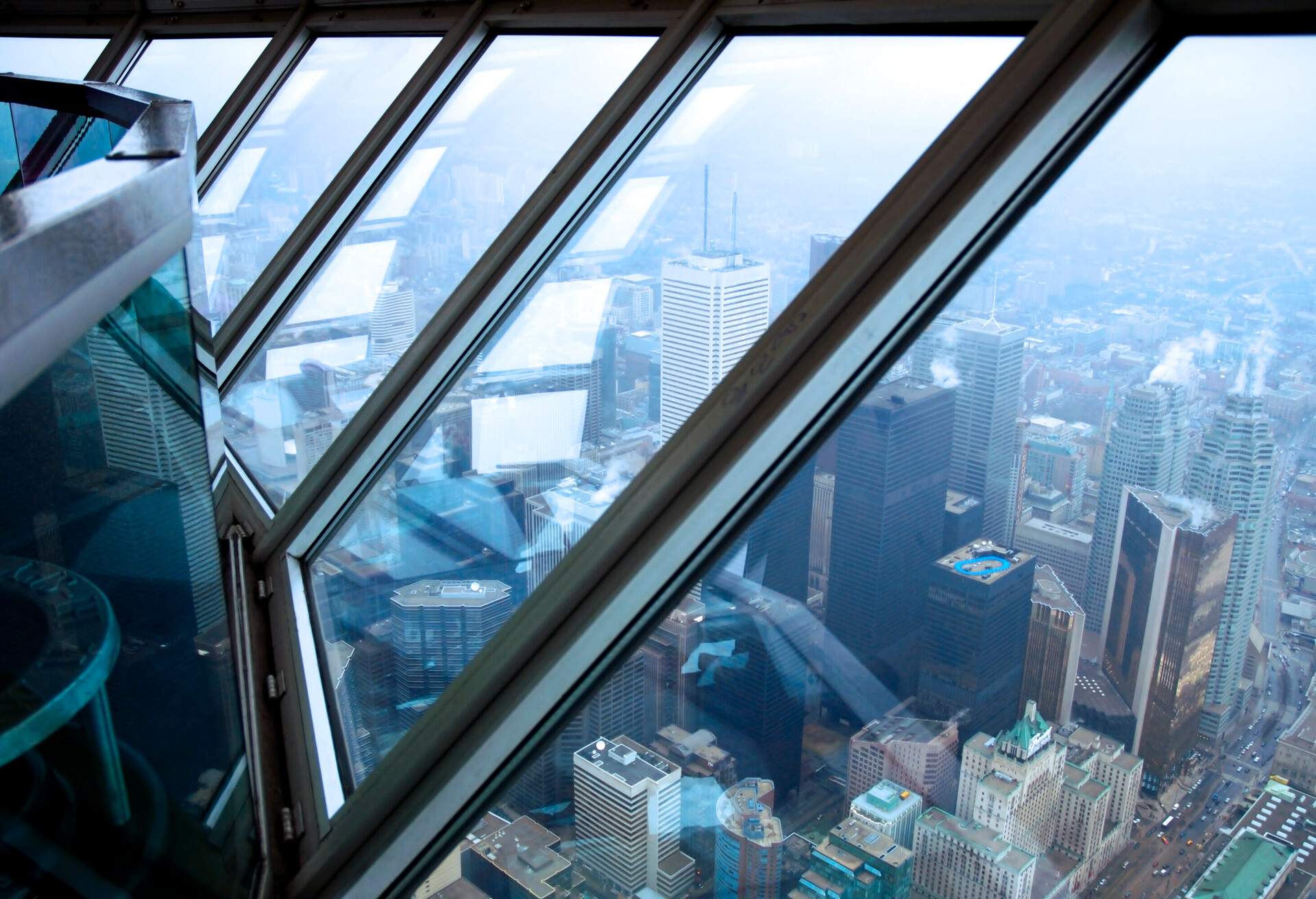 View of Toronto's downtown core buildings from the CN Tower Skypod - all logos & signs removed from buildings