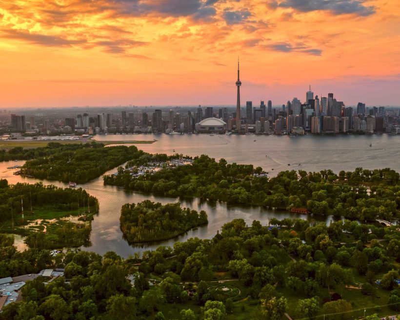 Aerial view of Toronto skyline from Toronto Island at sunset, Toronto, Ontario, Canada.